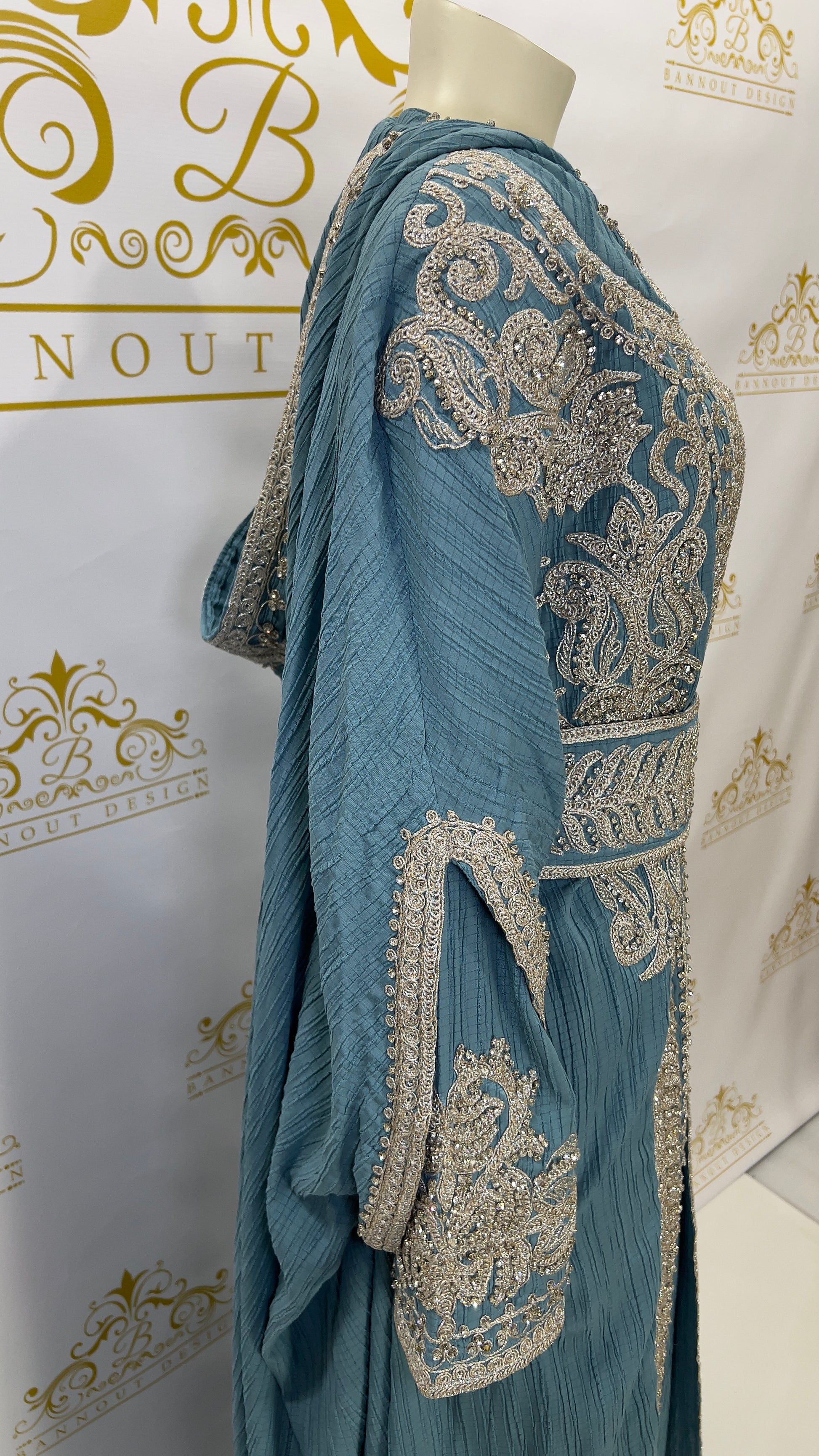 Hooded Butterfly Kaftan Abaya 3 Pcs Muslim Women's Long Fashion Dress Silver Beads & Embroidery Light BLUE 