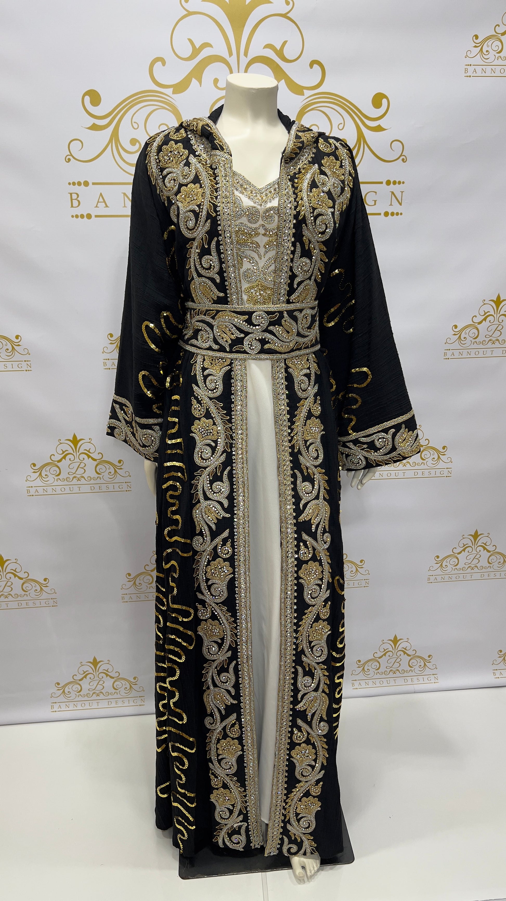 Kaftan Caftan Abaya With Hoody 3 Pcs. Dazzling Sequins Long Sleeve Black & Gold S - Medium Kaftan Caftan Abaya With Hoody 3 Pcs. Dazzling Sequins Long Sleeve Black & Gold S - Medium