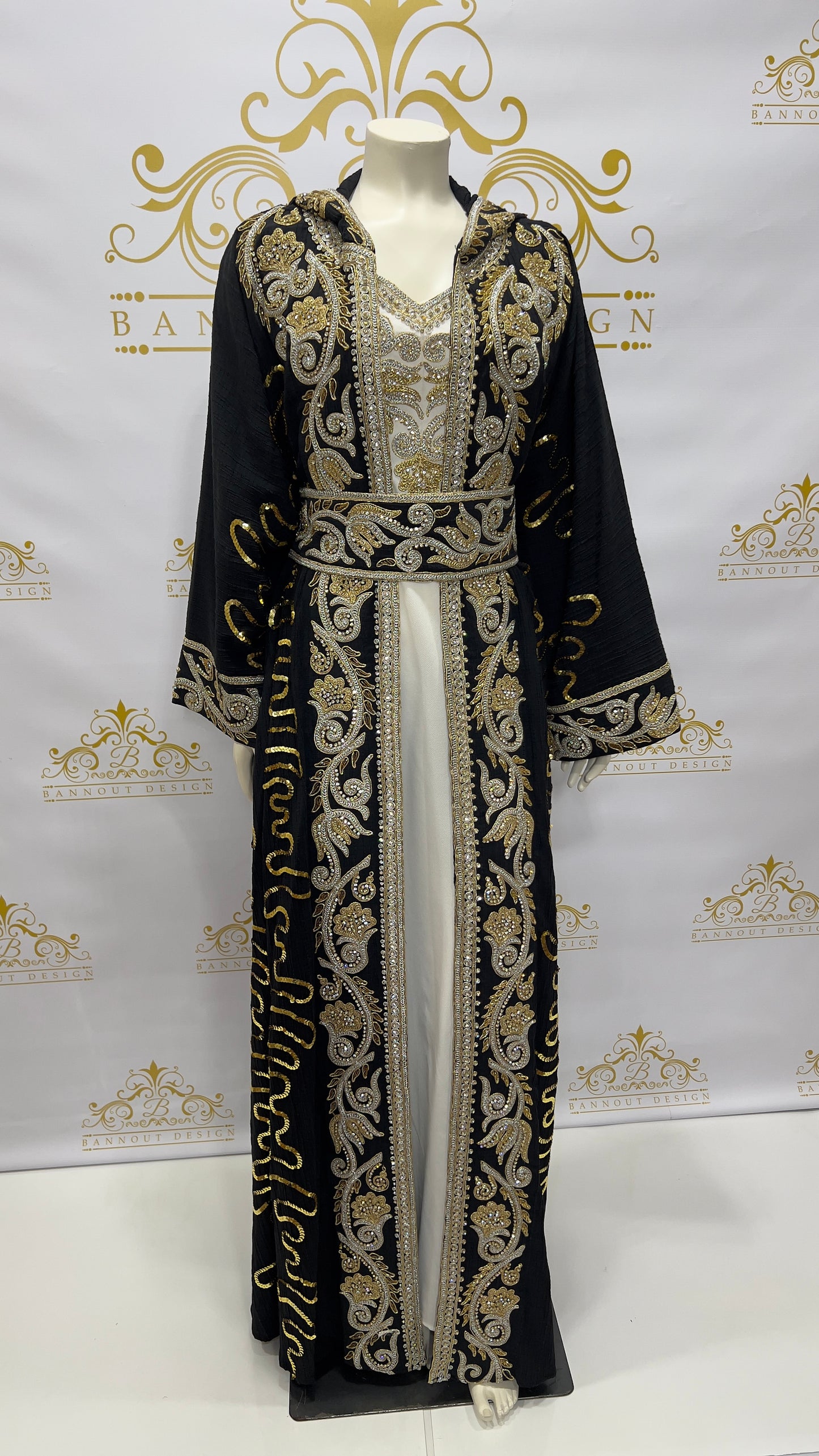 Hooded Embroidery Kaftan 3 Pcs. Long Sleeve Black & Gold