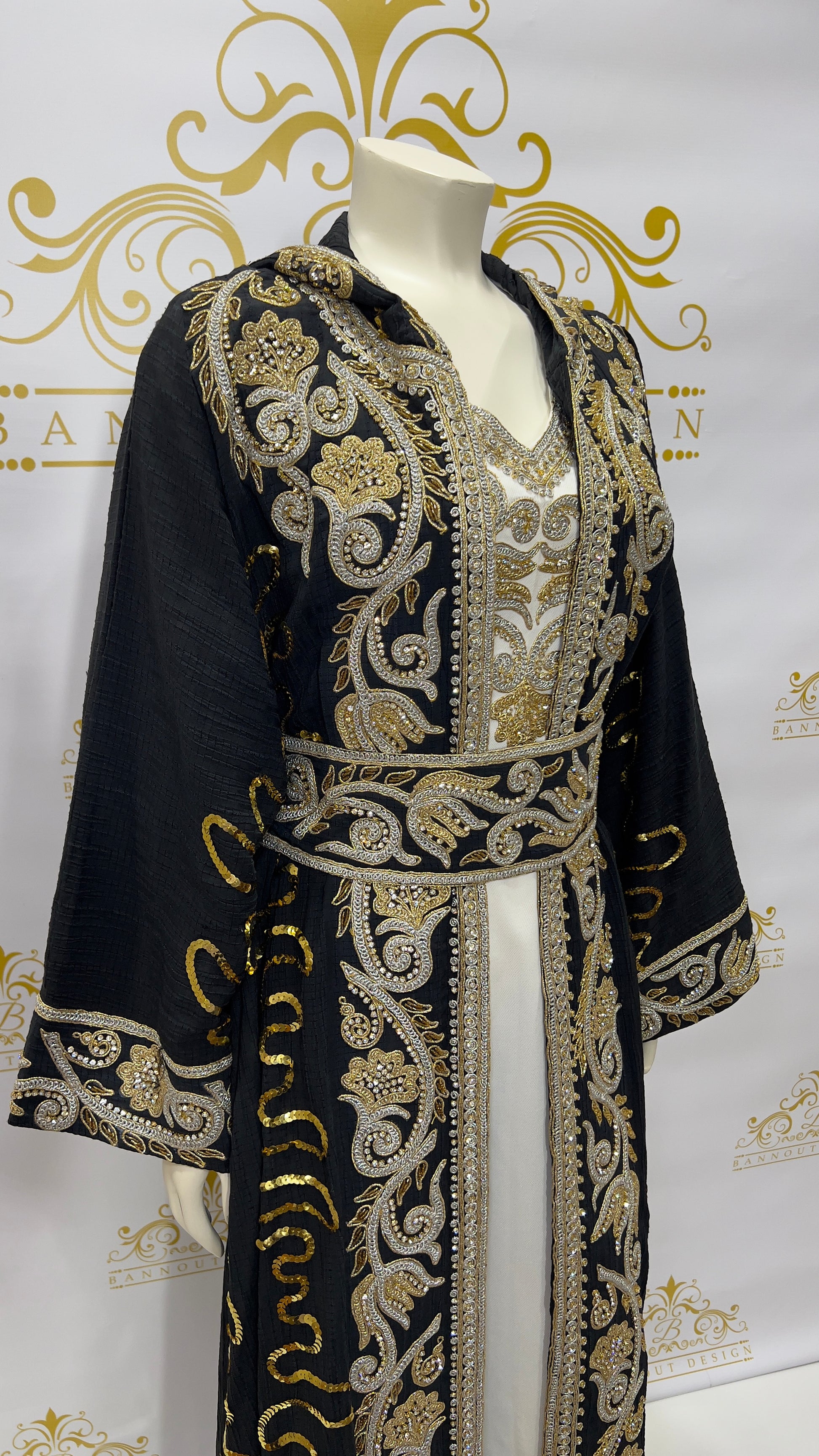 Kaftan Caftan Abaya With Hoody 3 Pcs. Dazzling Sequins Long Sleeve Bla Bannout Design Kaftan Caftan Abaya With Hoody 3 Pcs. Dazzling Sequins Long Sleeve Bla Bannout Design