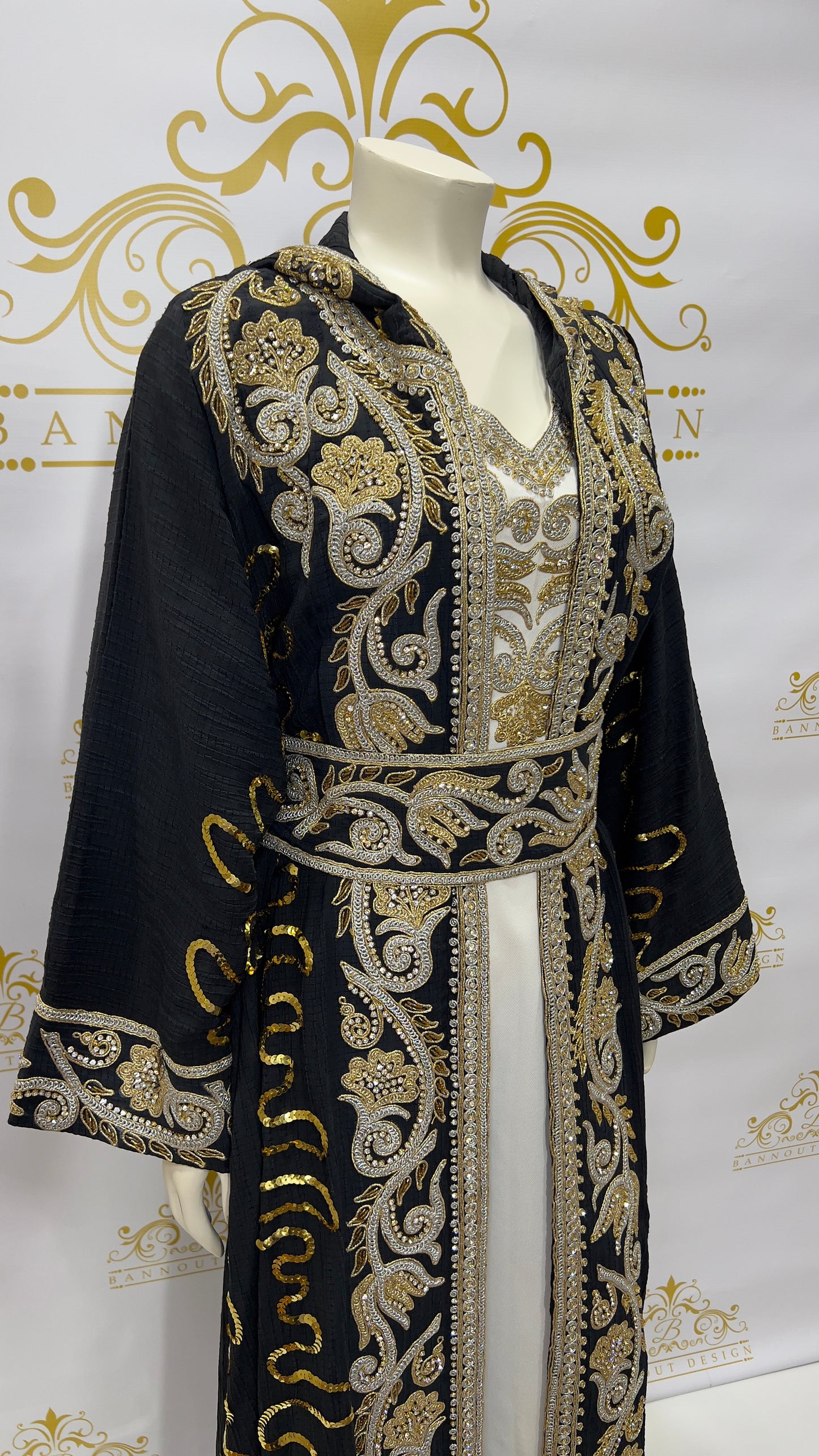 Hooded Embroidery Kaftan 3 Pcs. Long Sleeve Black & Gold