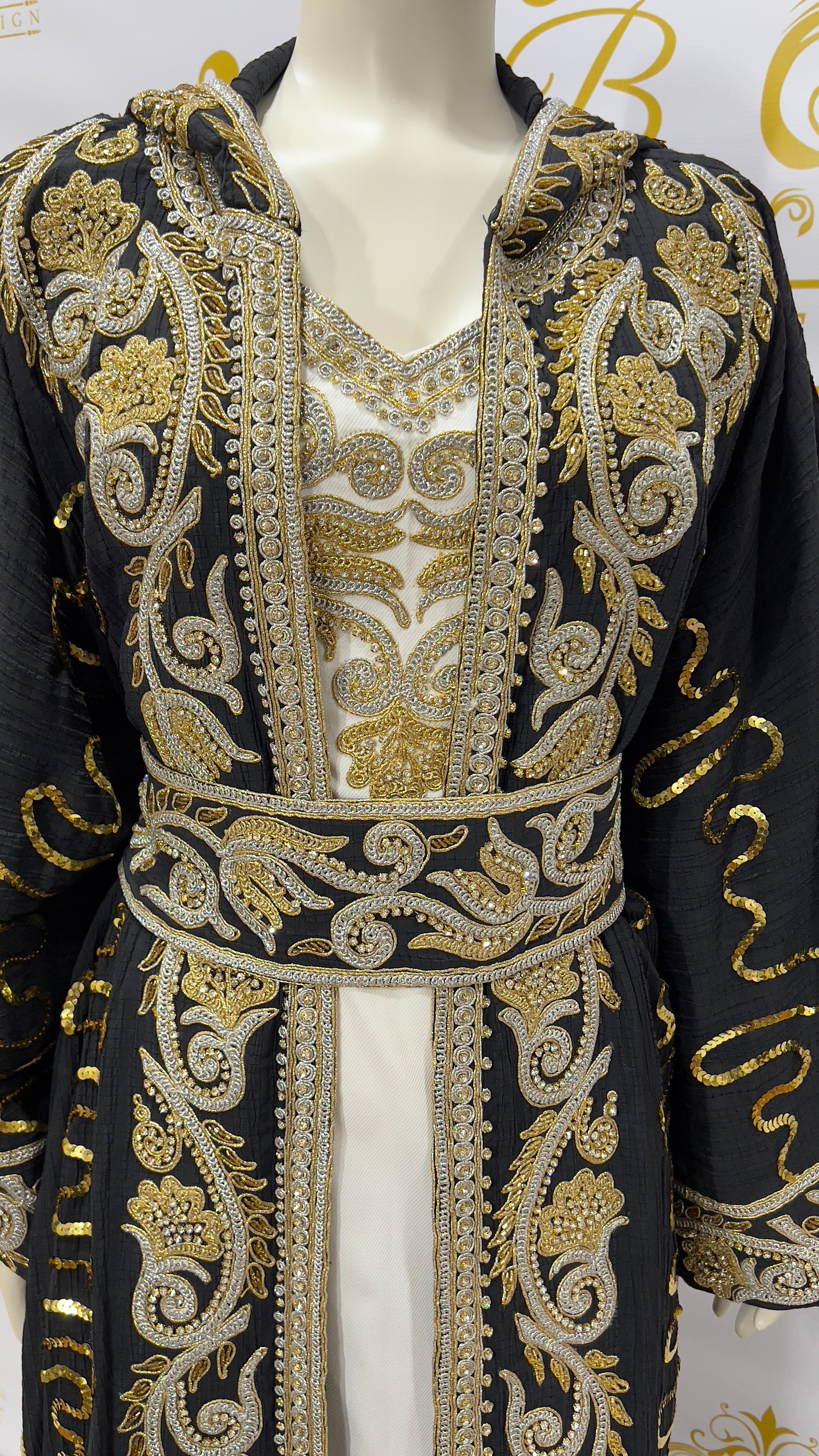 Kaftan Abaya With Hoody 3 Pcs. Dazzling Sequins Long Sleeve Black Gold