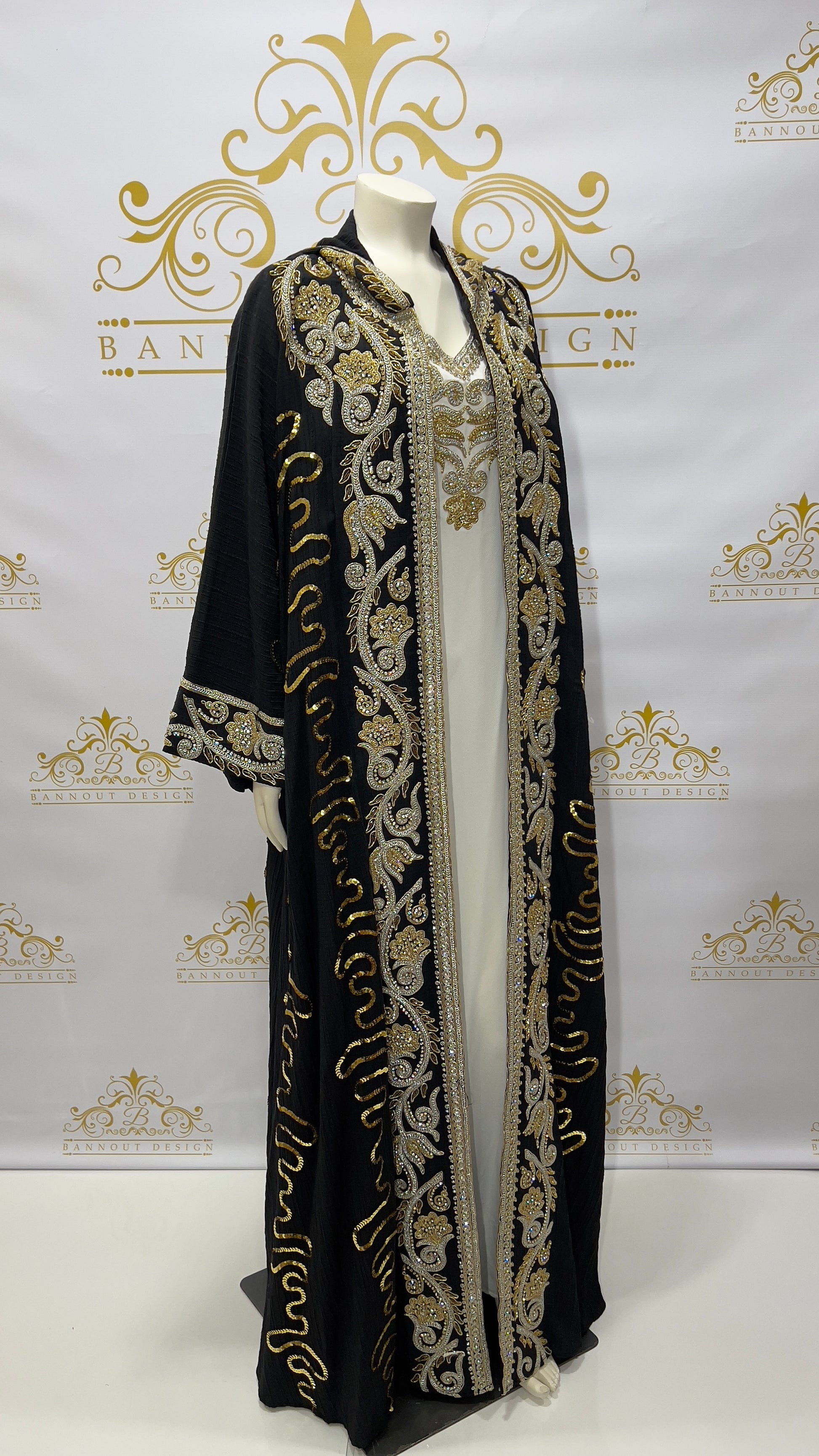 Hooded Embroidery Kaftan 3 Pcs. Long Sleeve Black & Gold