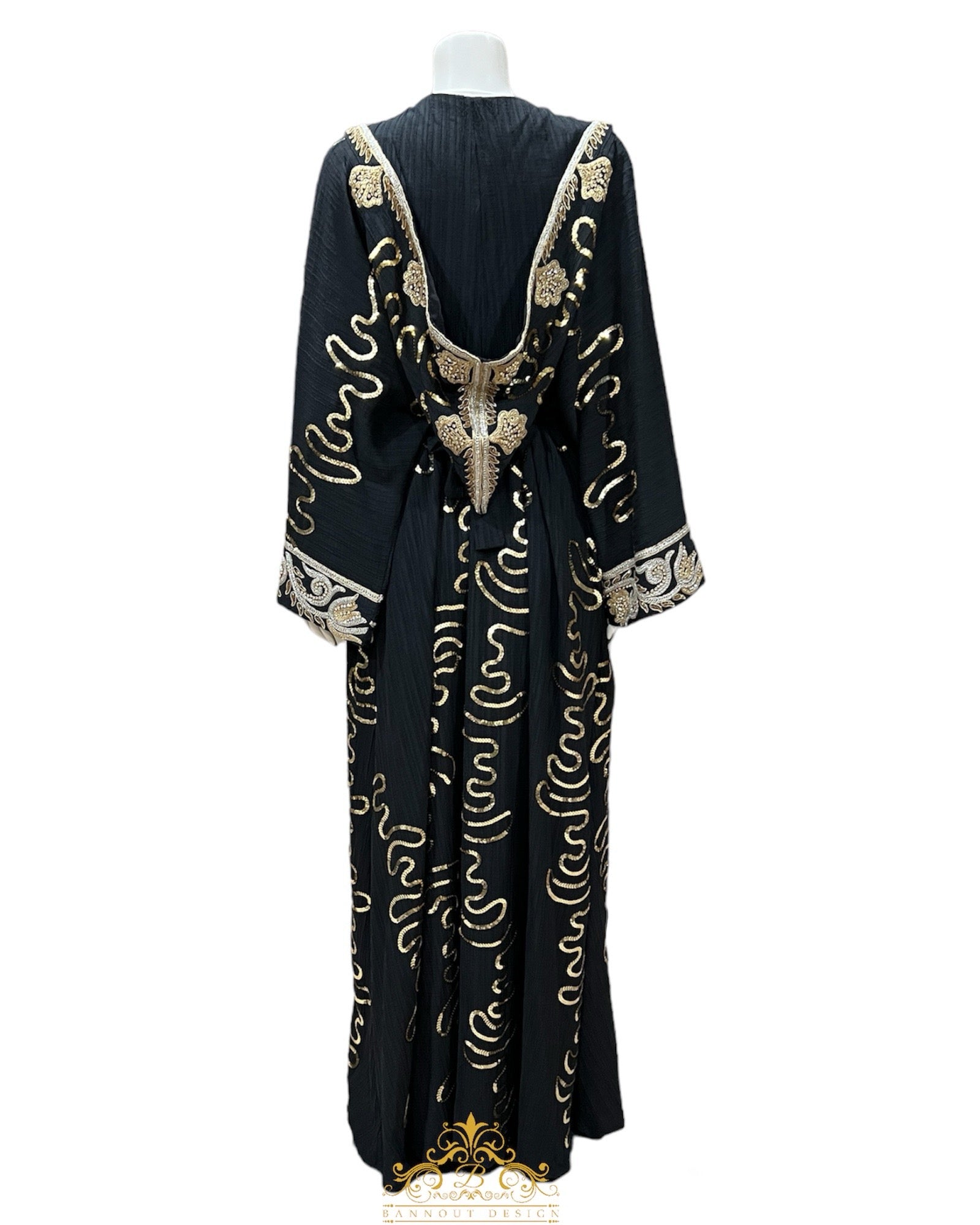 Hooded Embroidered Kaftan 3 Pcs. Long Sleeve Black, Gold & Silver Embroidery Henna Party, Eid, Occasional, Wedding, Caftan Dress