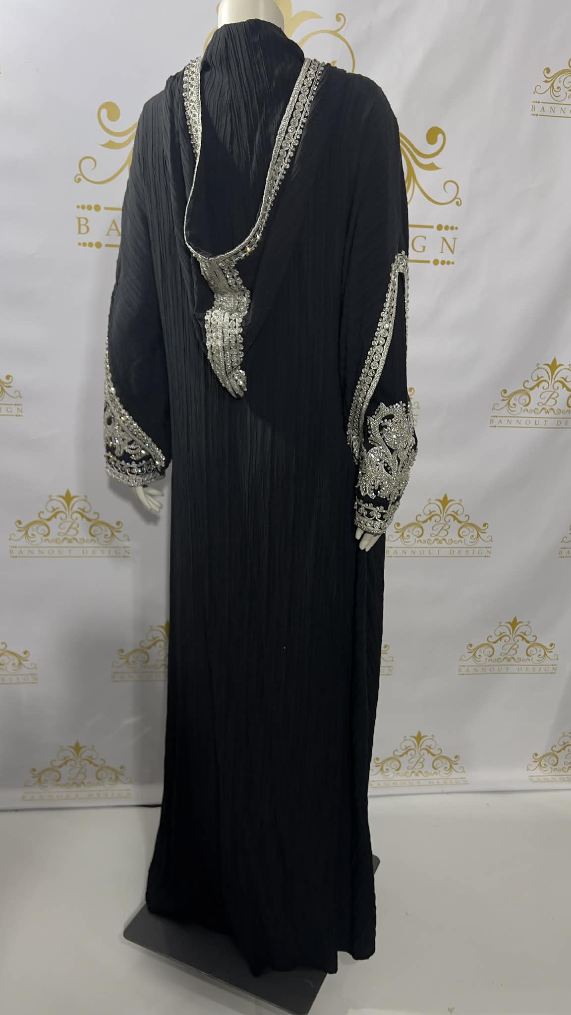 Hooded Butterfly Kaftan Dress Set 3 Pcs Long Dress Silver Beads & Embroidery Black Black / L