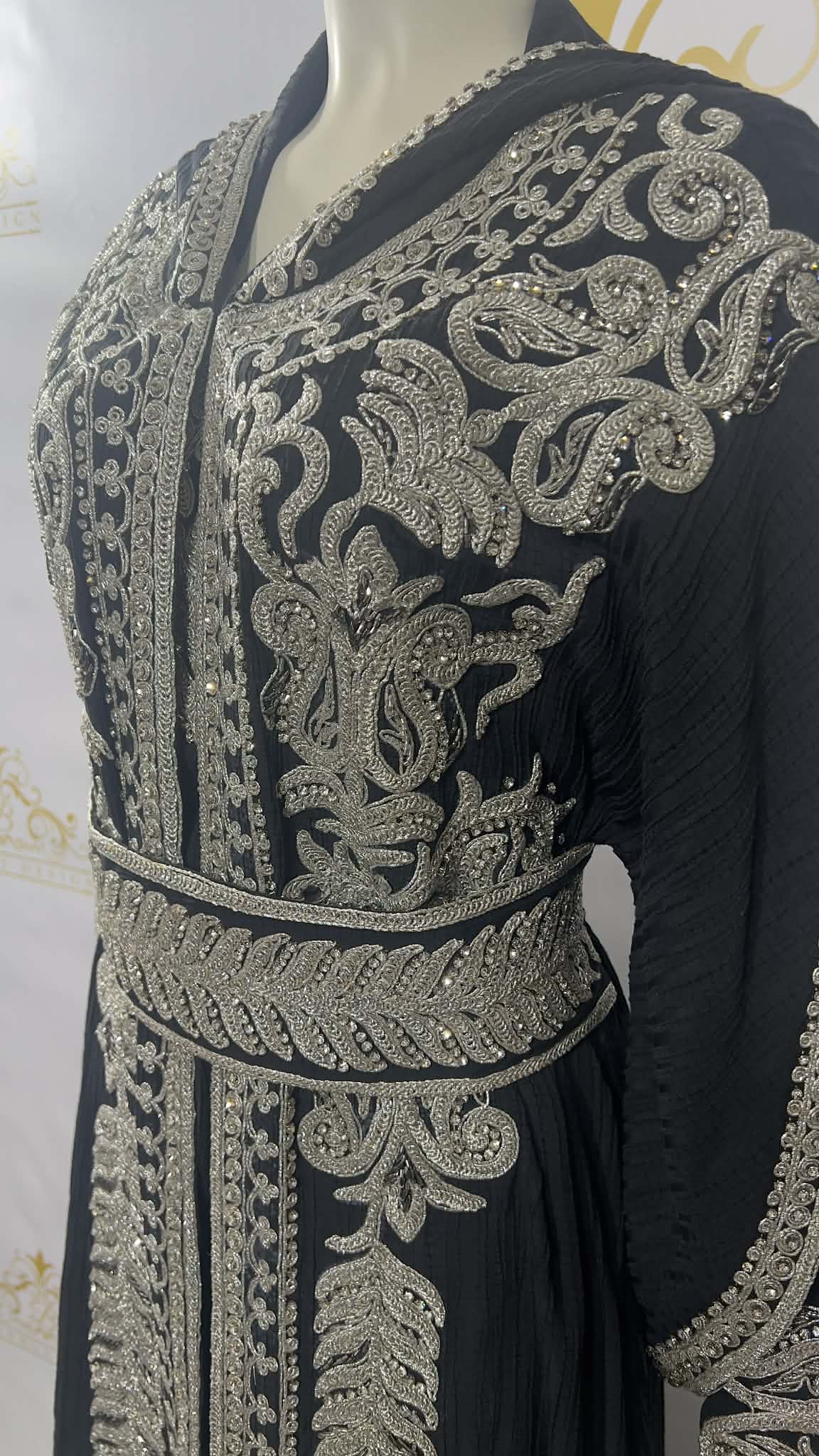 Hooded Butterfly Kaftan Dress Set 3 Pcs Long Dress Silver Beads & Embroidery Black Black / L