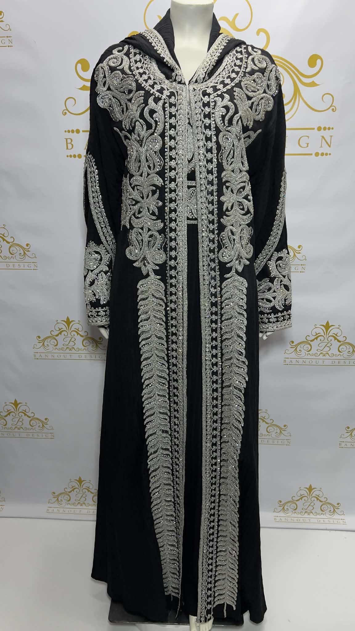 Hooded Butterfly Kaftan Dress Set 3 Pcs Long Dress Silver Beads & Embroidery Black Black / L