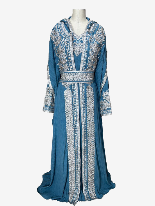 Embroidery Hooded Kaftan 3 Pcs. - Blue & Silver Fancy Elegant and Chic Moraccon Beaded Embroidery Tatreez Kaftan Caftan For Muslim Women Wear Maxi Long Sleeve Dress Henna Eid Party Occasional Event 