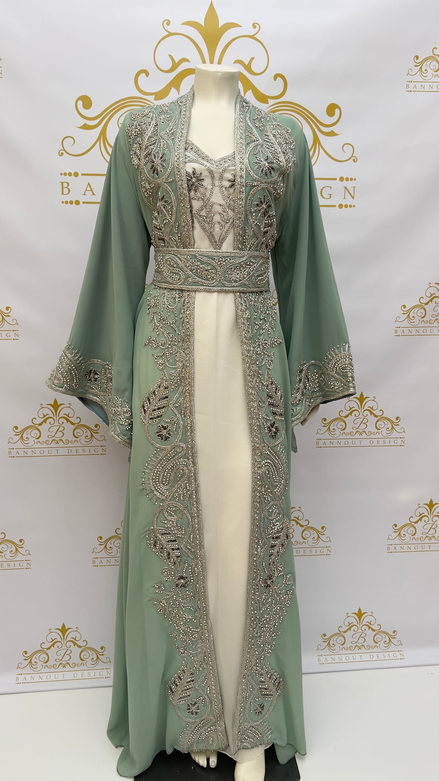 Kaftan 3 Pcs. Leaves Design With Embroidery & Silver Beads