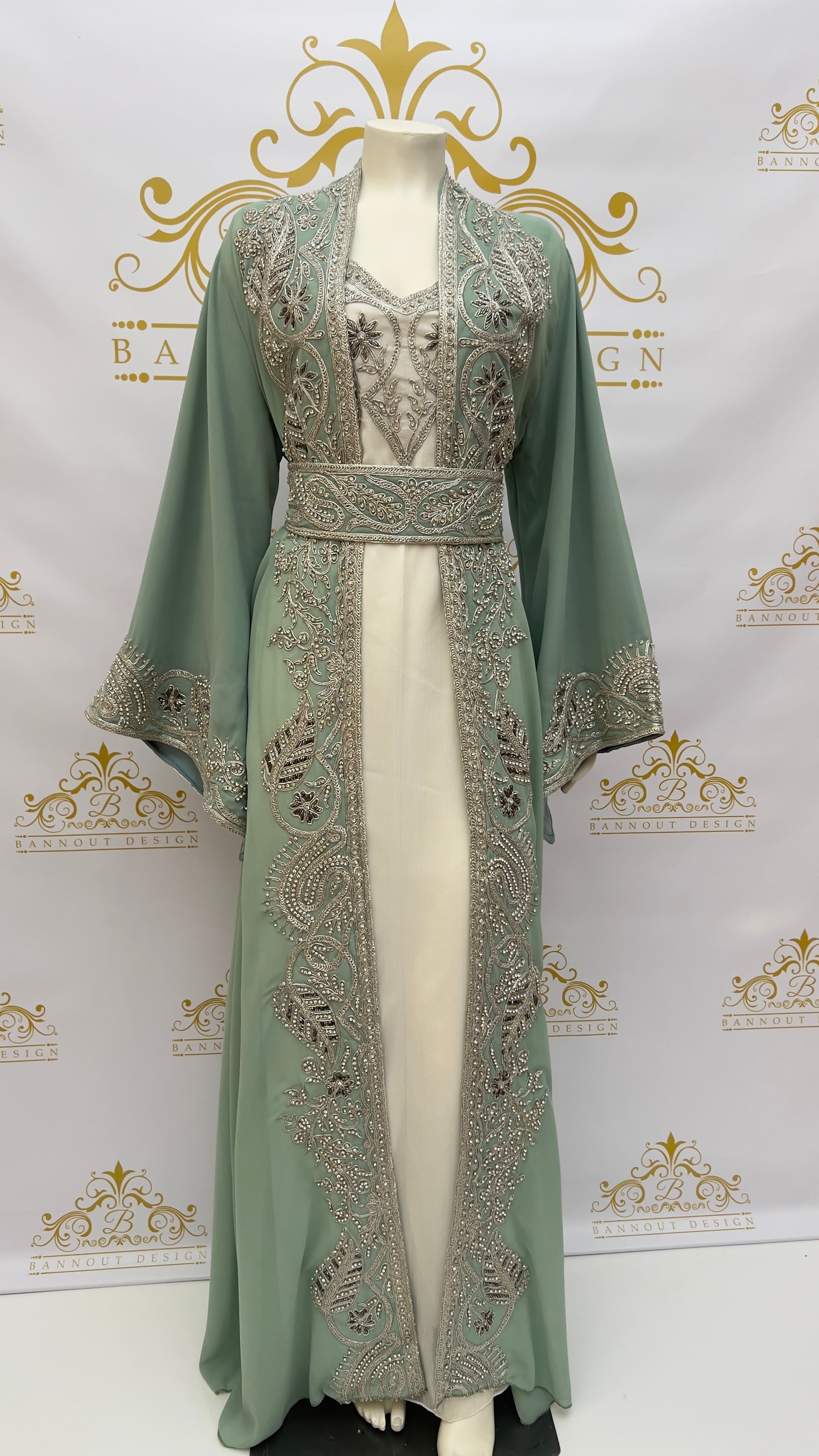 Kaftan 3 Pcs. Leaves Design With Embroidery & Silver Beads