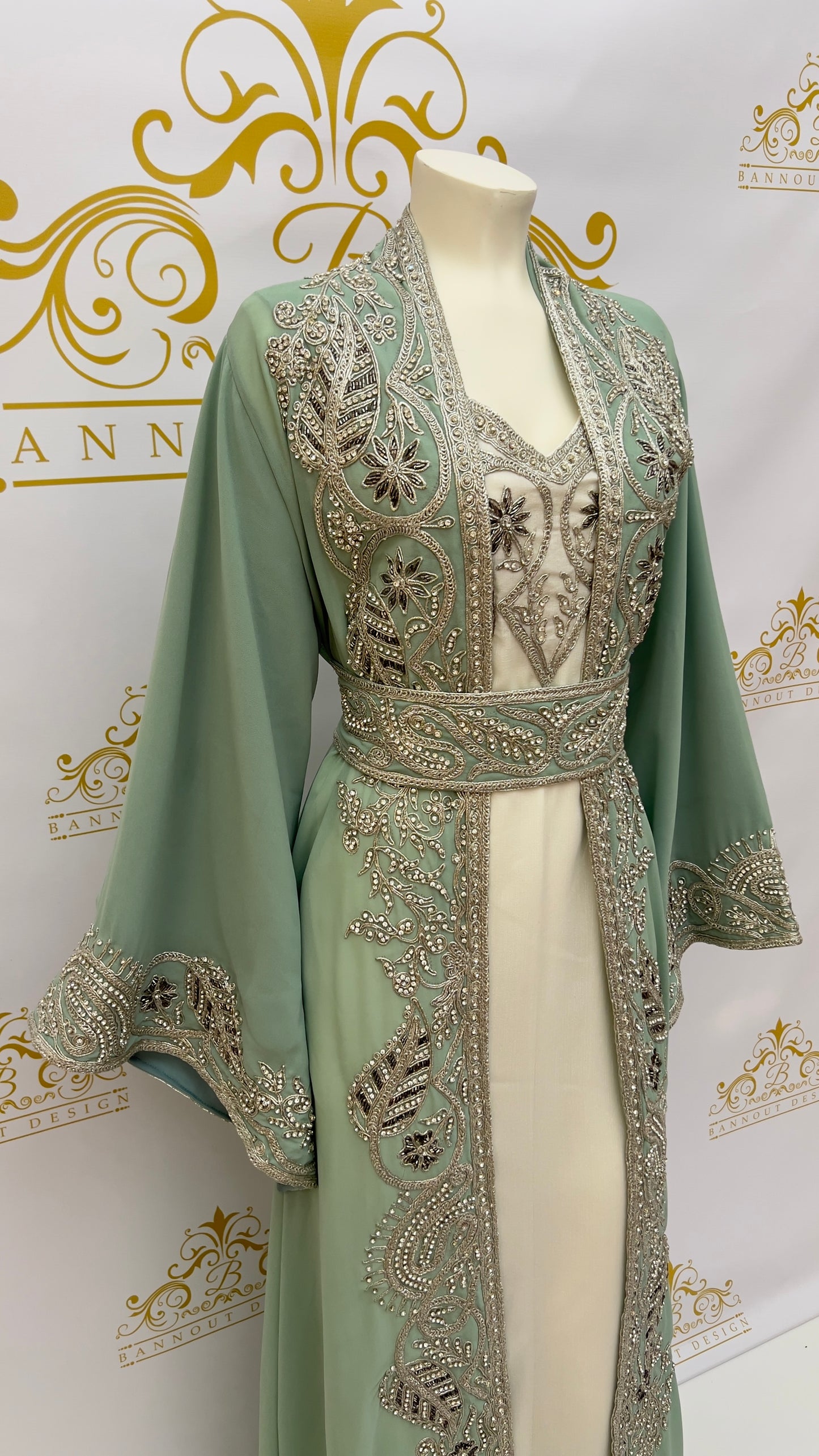 Kaftan 3 Pcs. Leaves Design With Embroidery & Silver Beads
