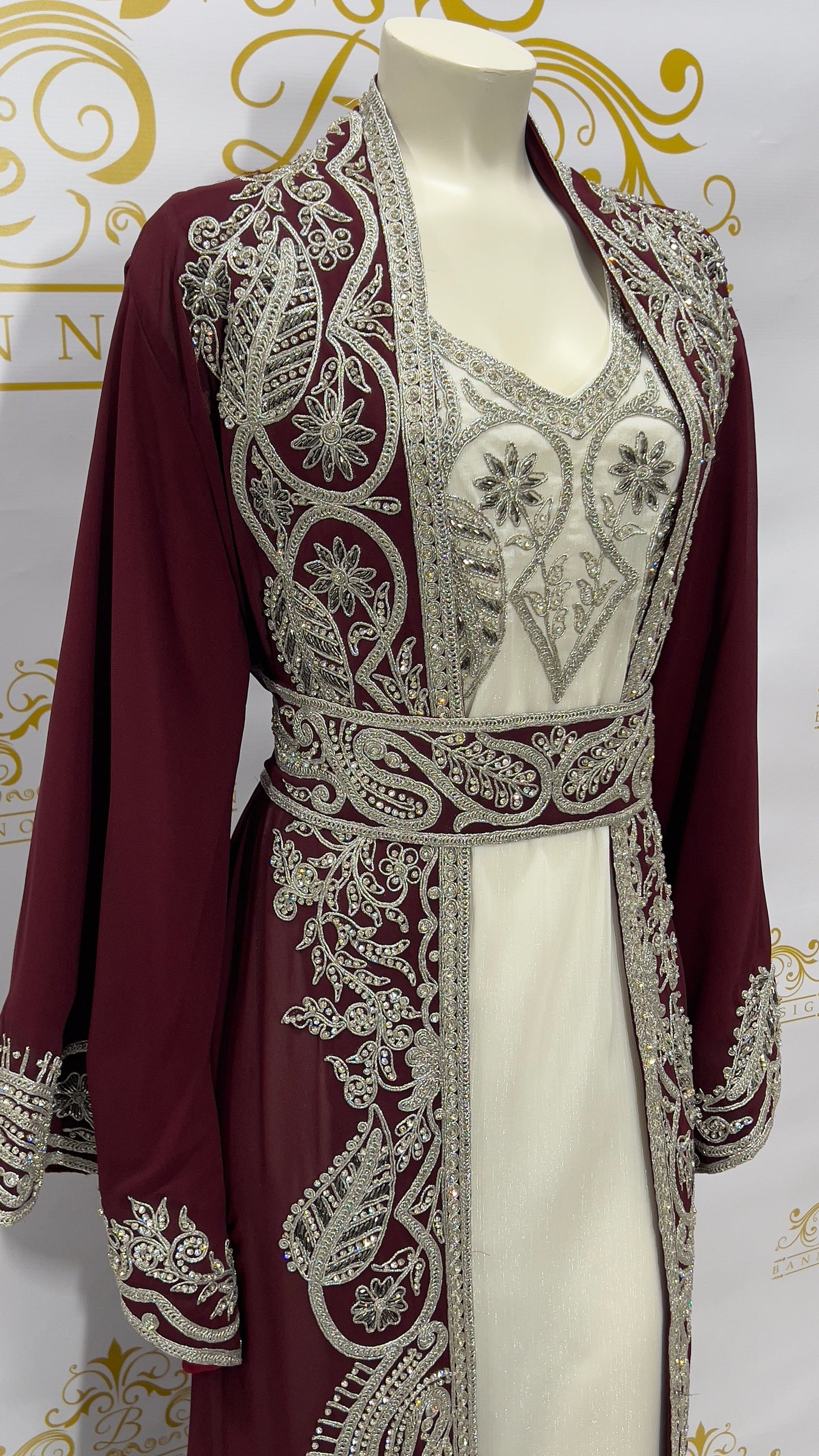 Kaftan 3 Pcs. Leaves Design With Embroidery & Silver Beads MAROON