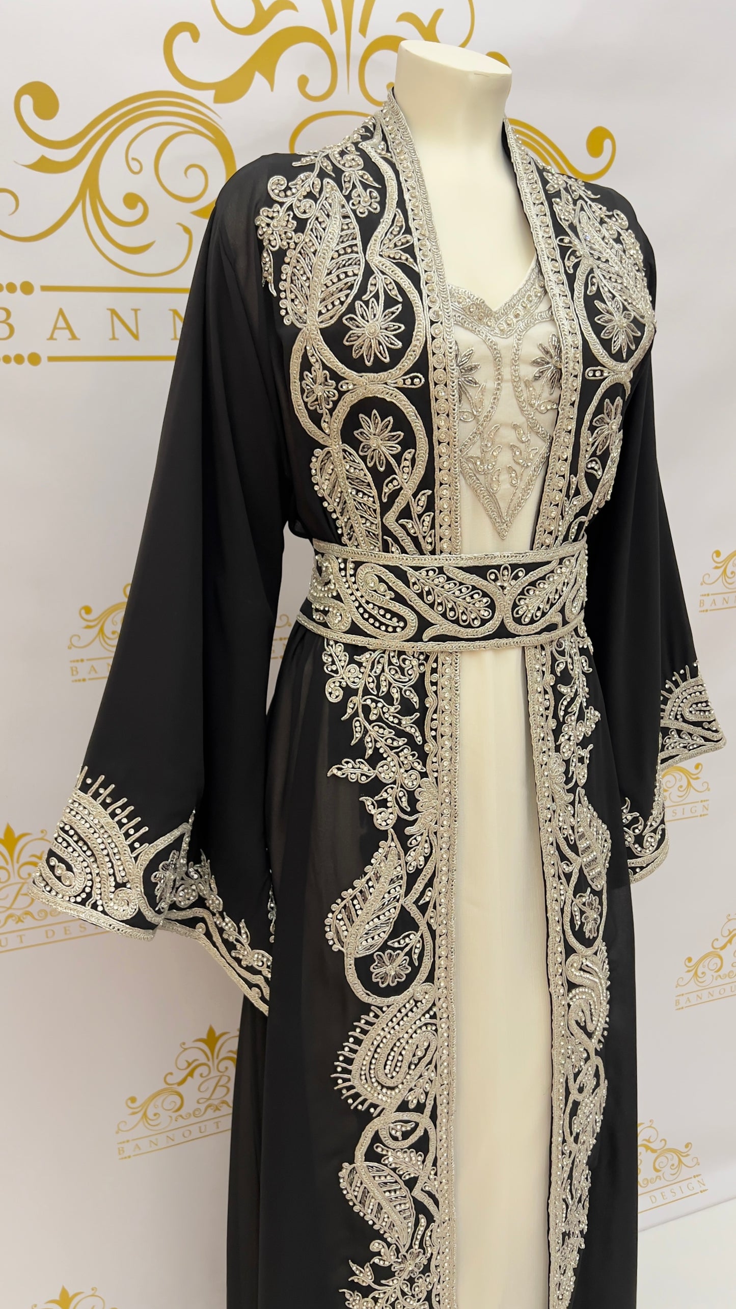 Kaftan 3 Pcs. Leaves Design With Embroidery & Silver Beads