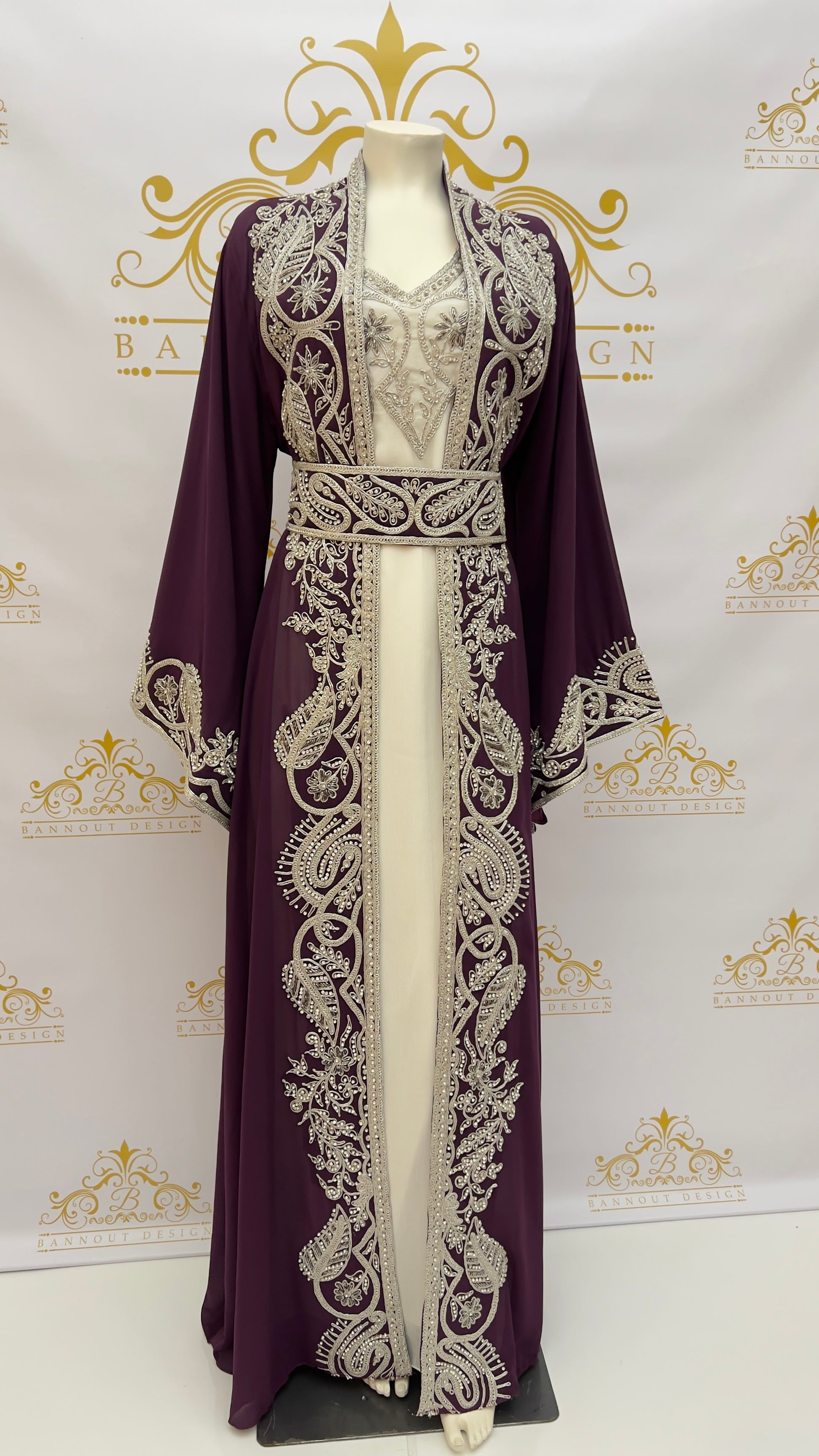 Kaftan 3 Pcs. Leaves Design With Embroidery & Silver Beads_maroon