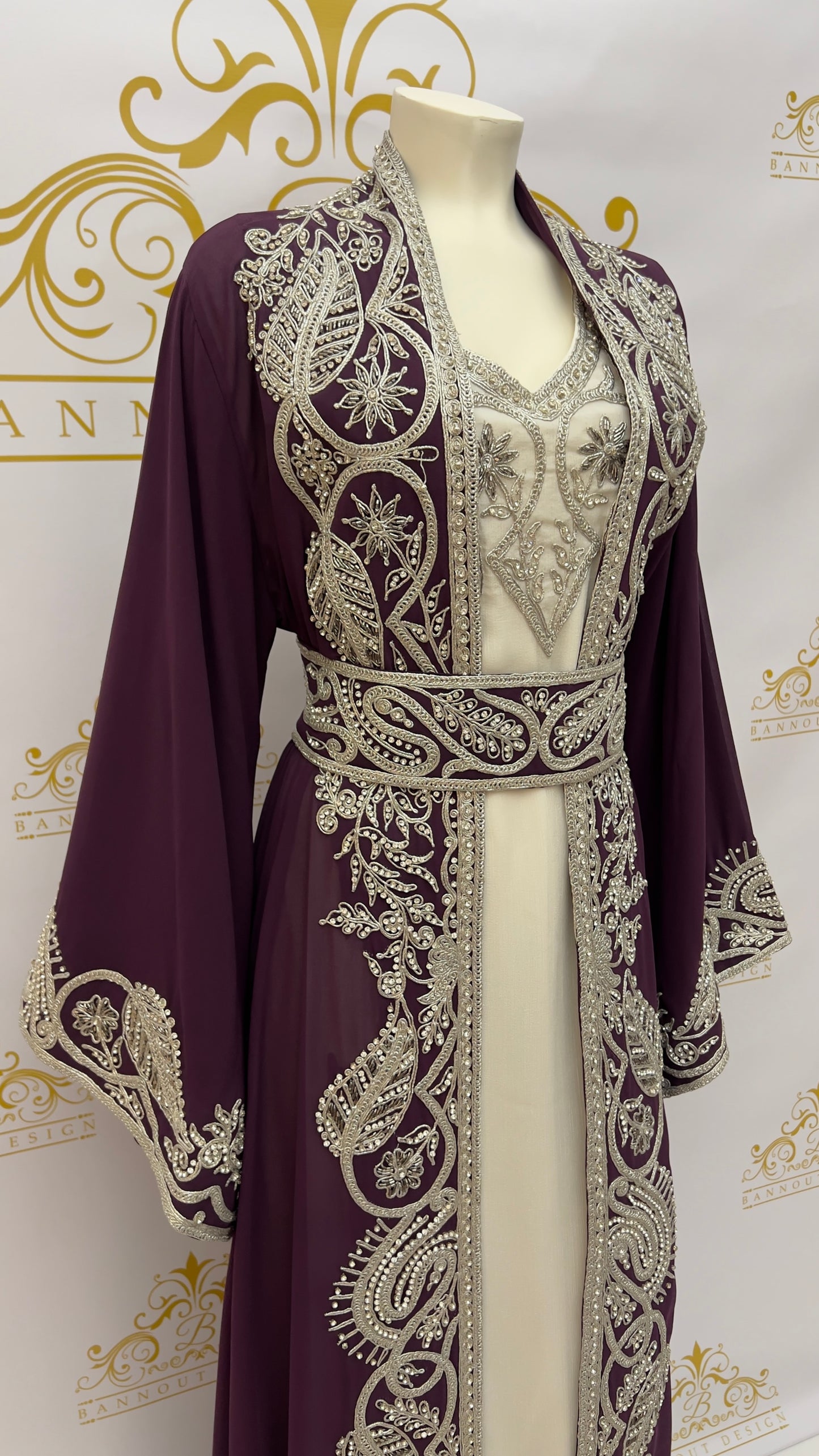 Kaftan 3 Pcs. Leaves Design With Embroidery & Silver Beads_maroon
