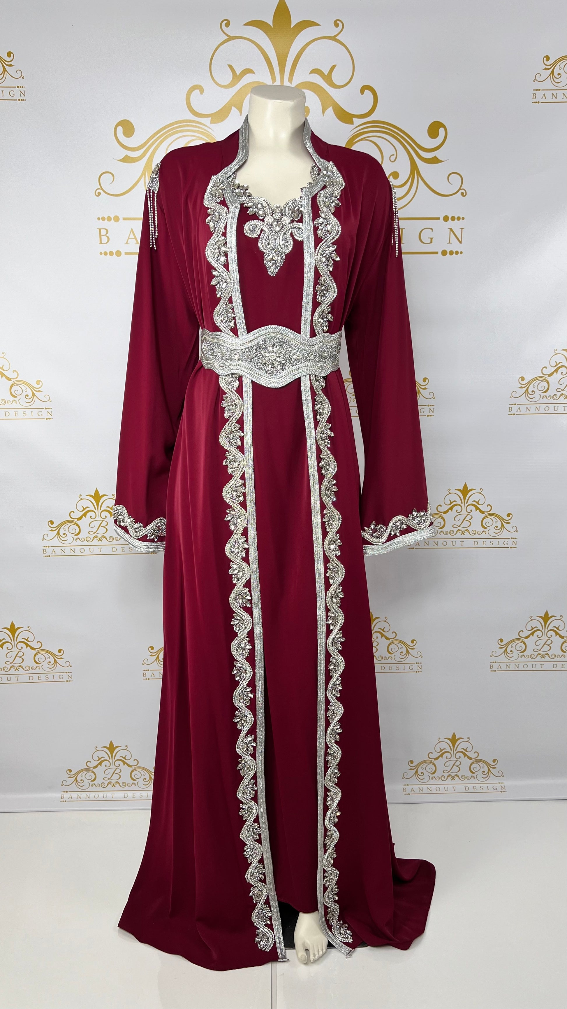 Kaftan Abaya 3 Pcs. Elegant Women's Caftan Maroon &amp; Silver