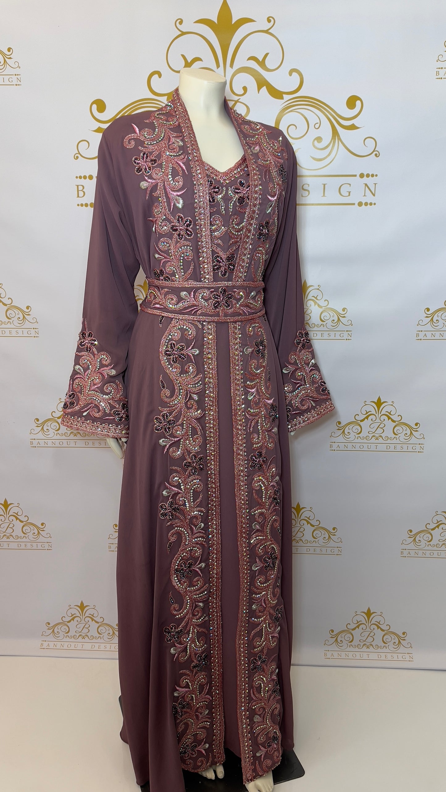 Kaftan Abaya 3 Pcs. Embroidery Colorful Beads Women's Caftan Purple