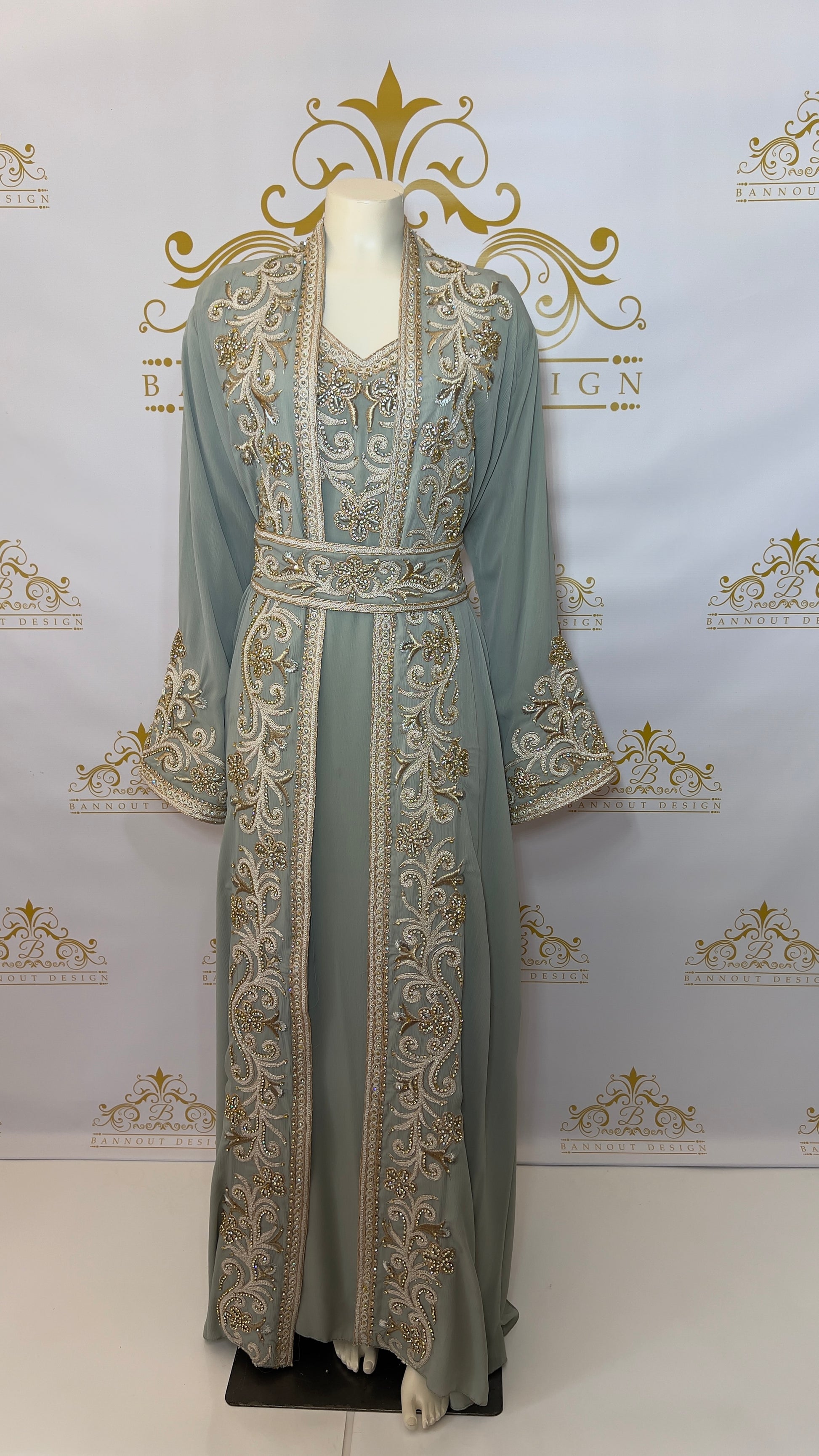 Kaftan Abaya Floral Design 3 Pcs. Silver & Gold Embroidery & Beads