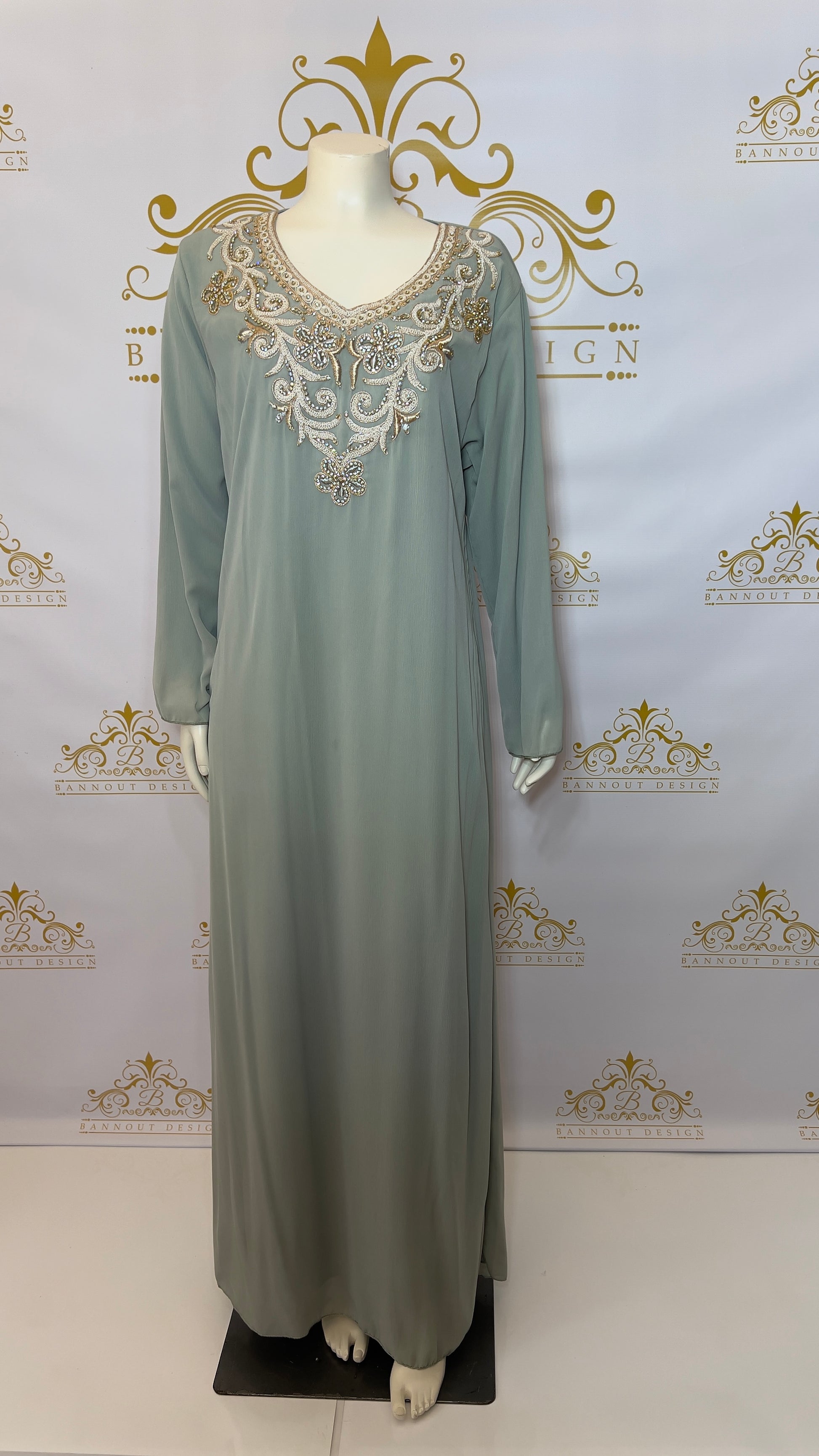 Kaftan Abaya Long Dress Floral Design 3 Pcs. Silver & Gold Embroidery & Beads light Green