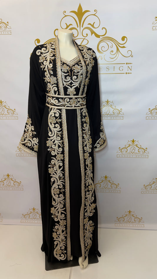 Kaftan Abaya Long Dress Floral Design 3 Pcs. Silver & Gold Embroidery & Beads Black