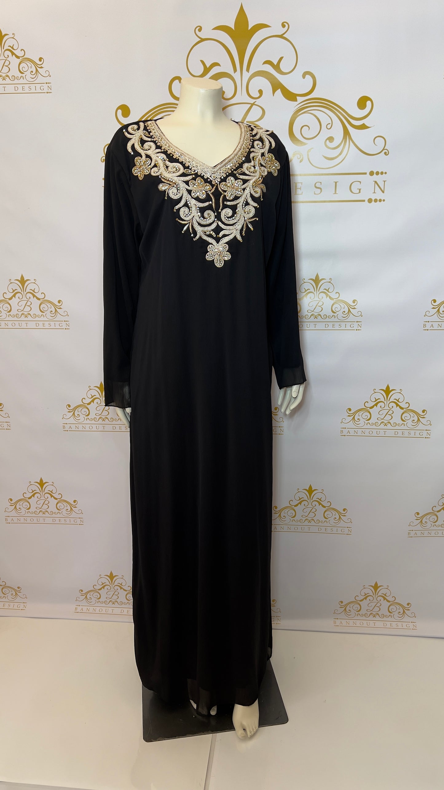 Kaftan Abaya Long Dress Floral Design 3 Pcs. Silver & Gold Embroidery & Beads Black