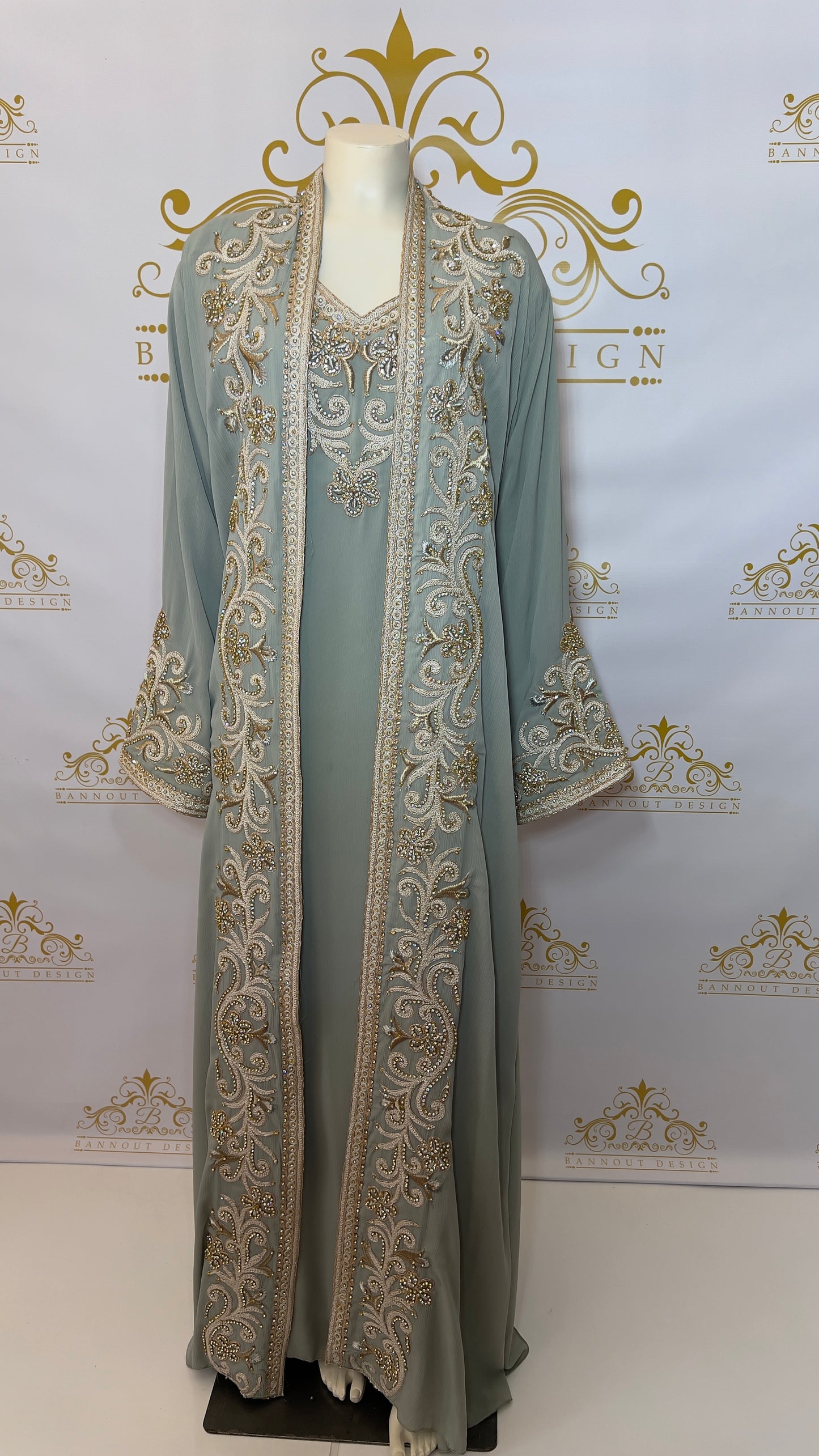 Kaftan Abaya Long Dress Floral Design 3 Pcs. Silver & Gold Embroidery & Beads light Green