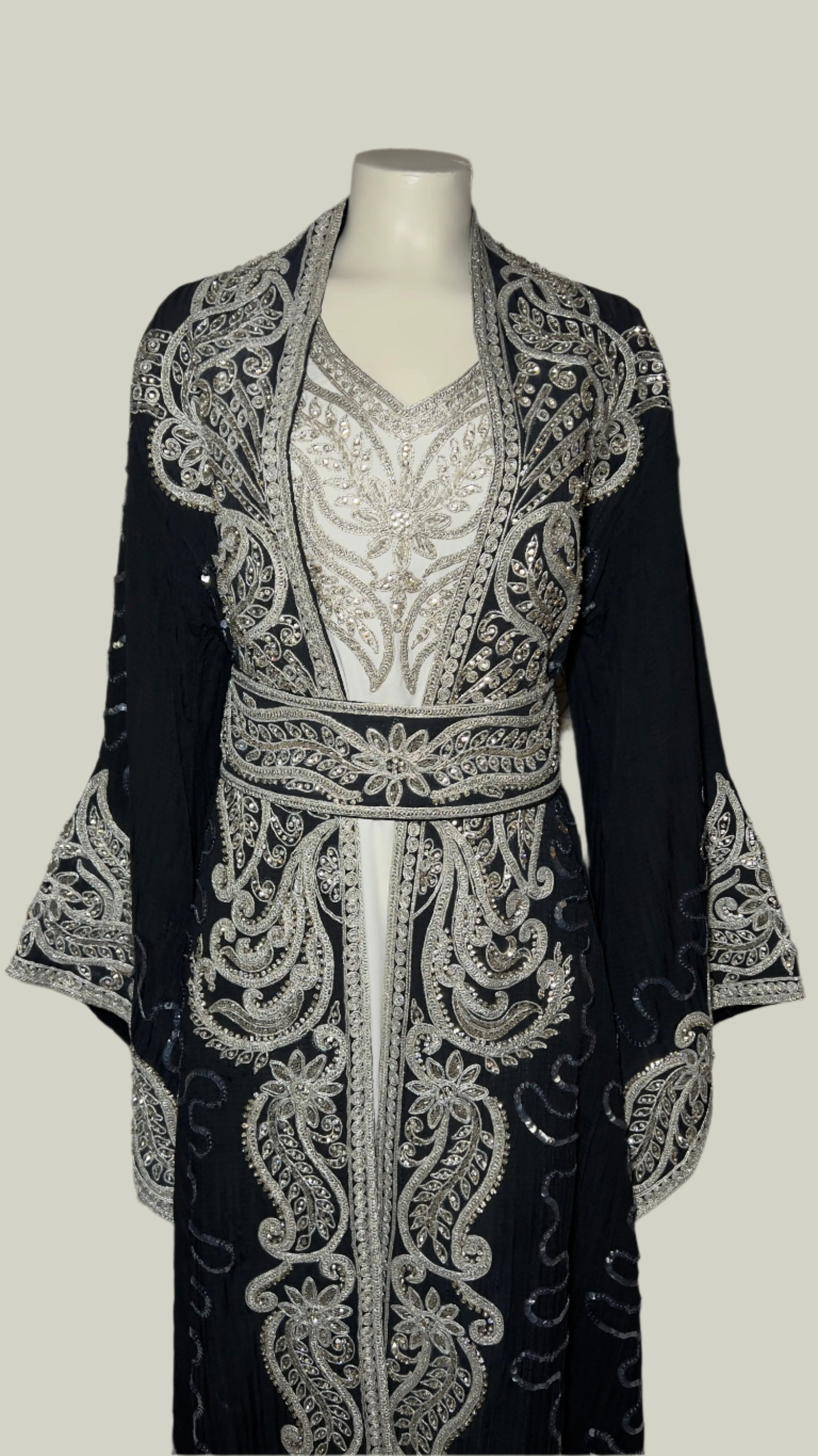 Kaftan Abaya | long Dress 3 Pcs. Embellished With Embroidery & Silver Rhinestone Sequins Black | Bannout Design