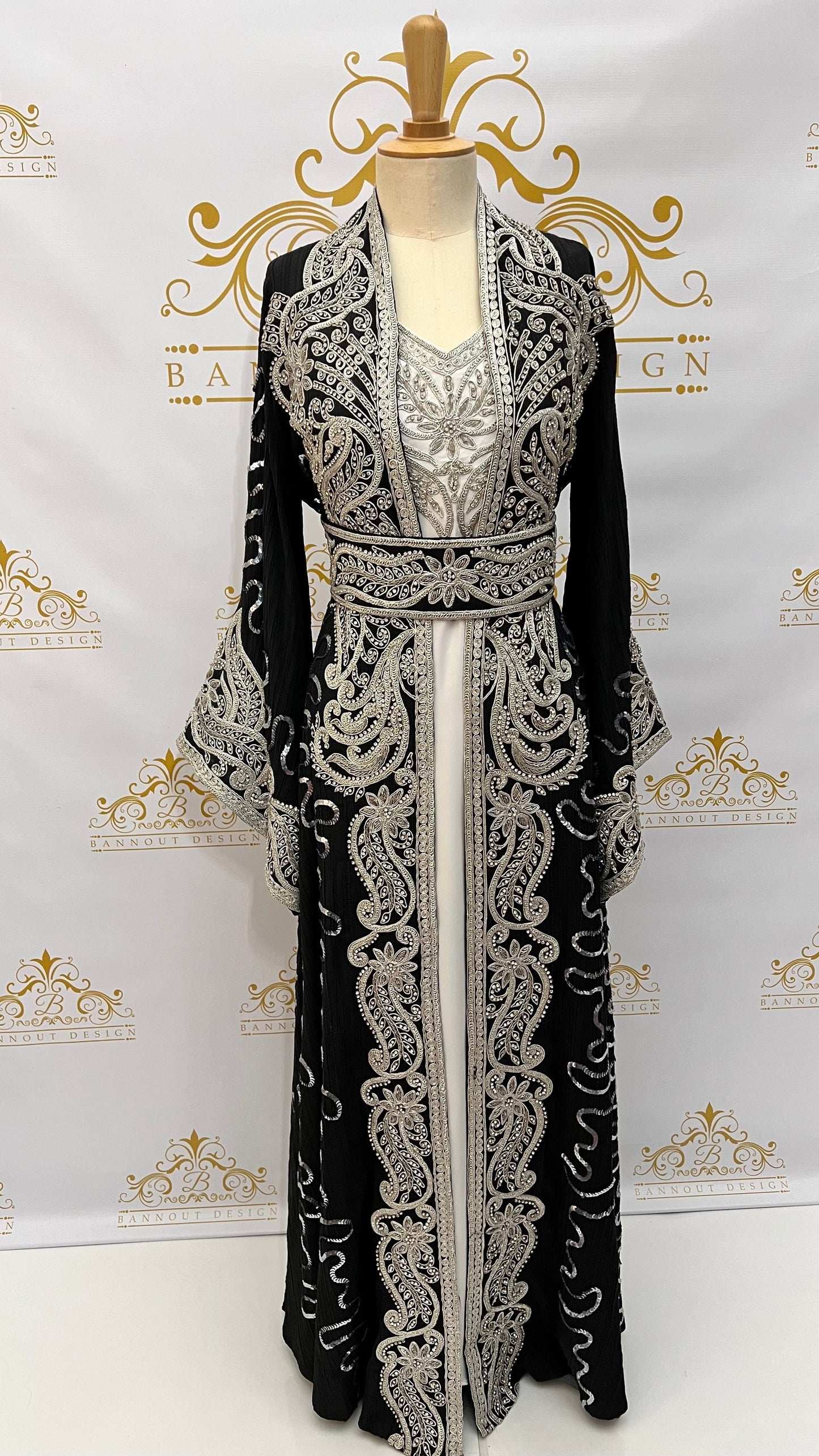 Kaftan Abaya | long Dress 3 Pcs. Embellished With Embroidery & Silver Rhinestone Black | Bannout Design