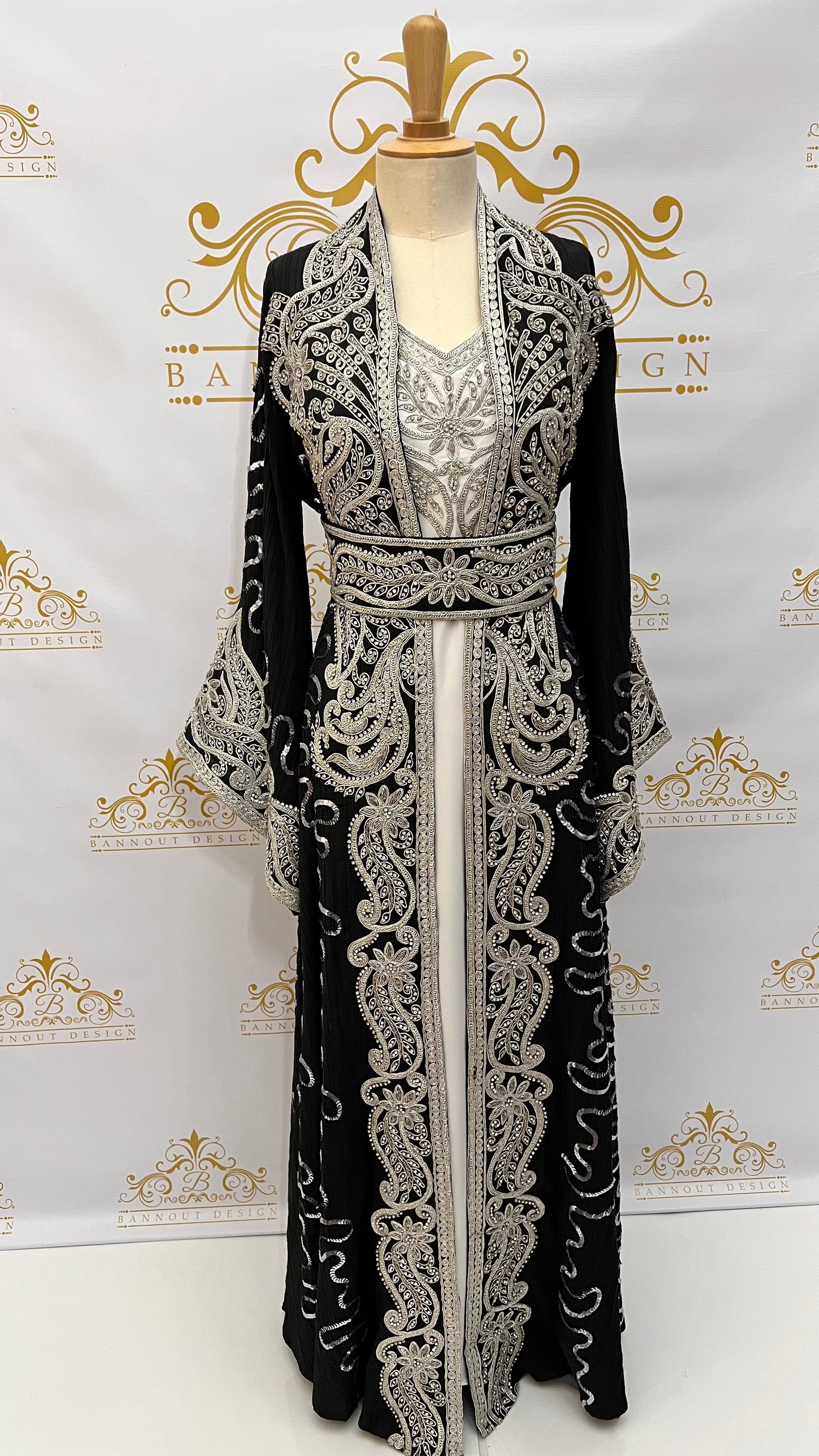 Kaftan Abaya | long Dress 3 Pcs. Embellished With Embroidery & Silver Rhinestone Black | Bannout Design