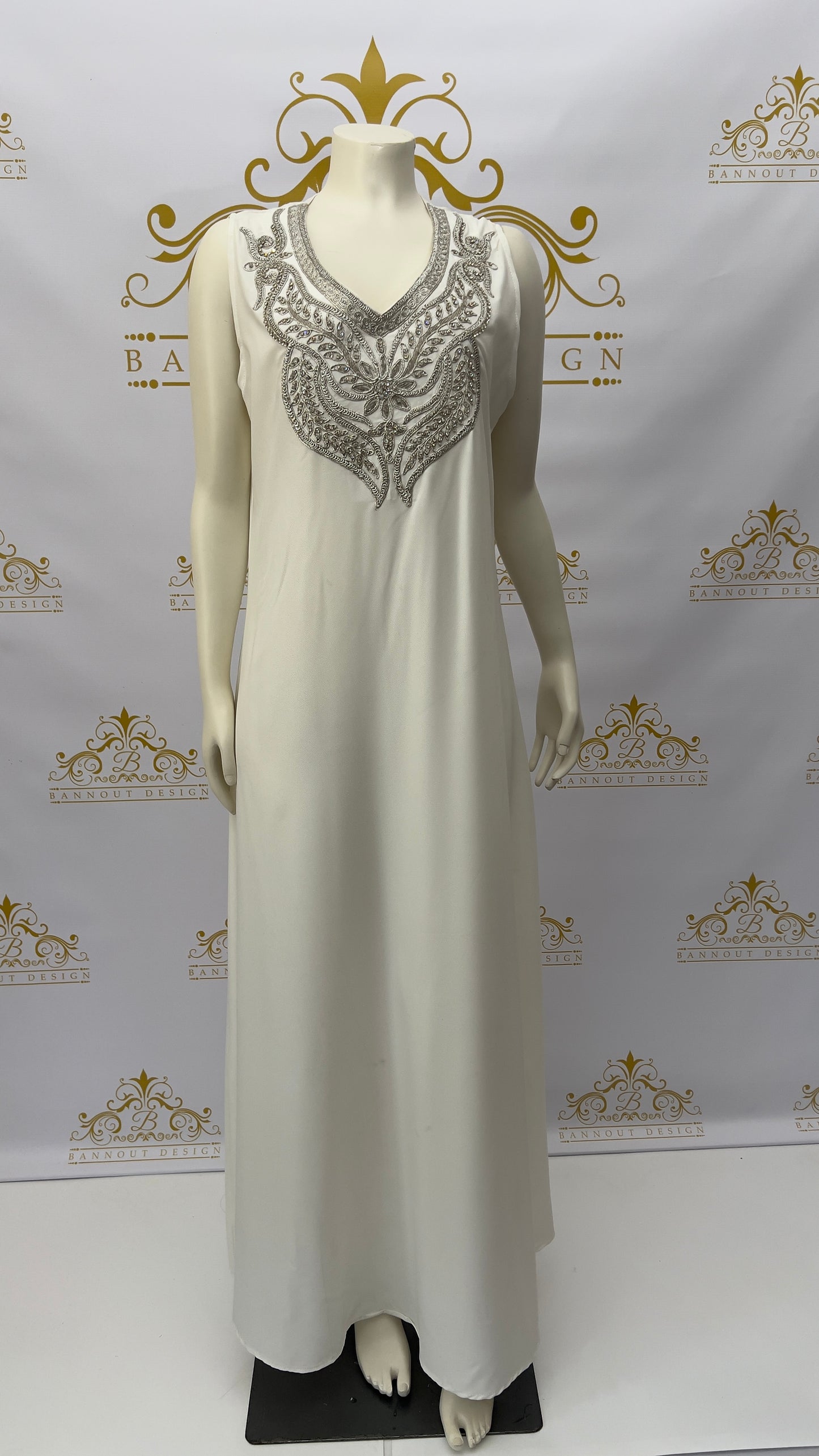 Kaftan Abaya | long Dress 3 Pcs. Embellished With Embroidery & Silver Rhinestone Black | Bannout Design