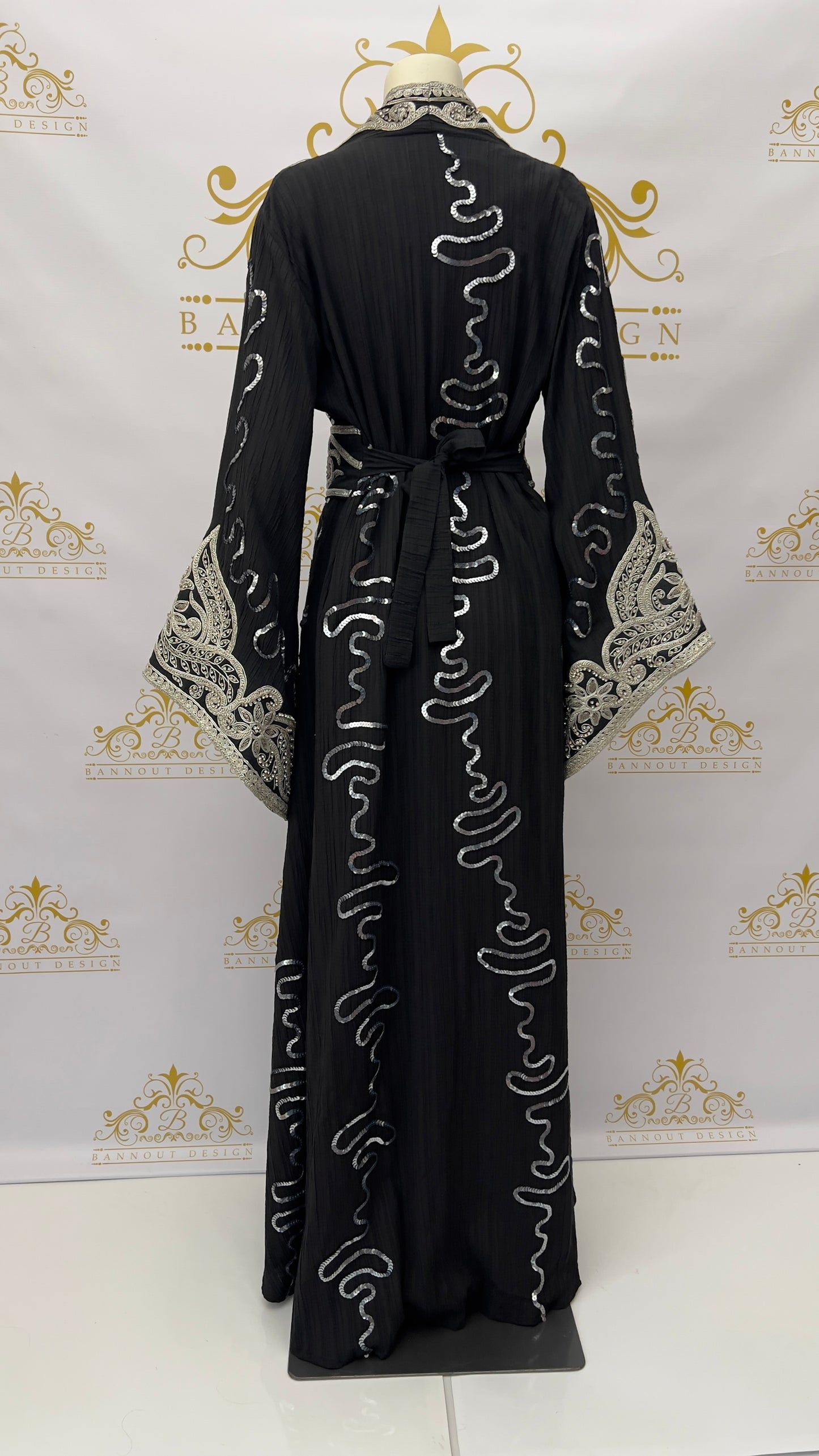 Kaftan Abaya | long Dress 3 Pcs. Embellished With Embroidery & Silver Rhinestone Black | Bannout Design