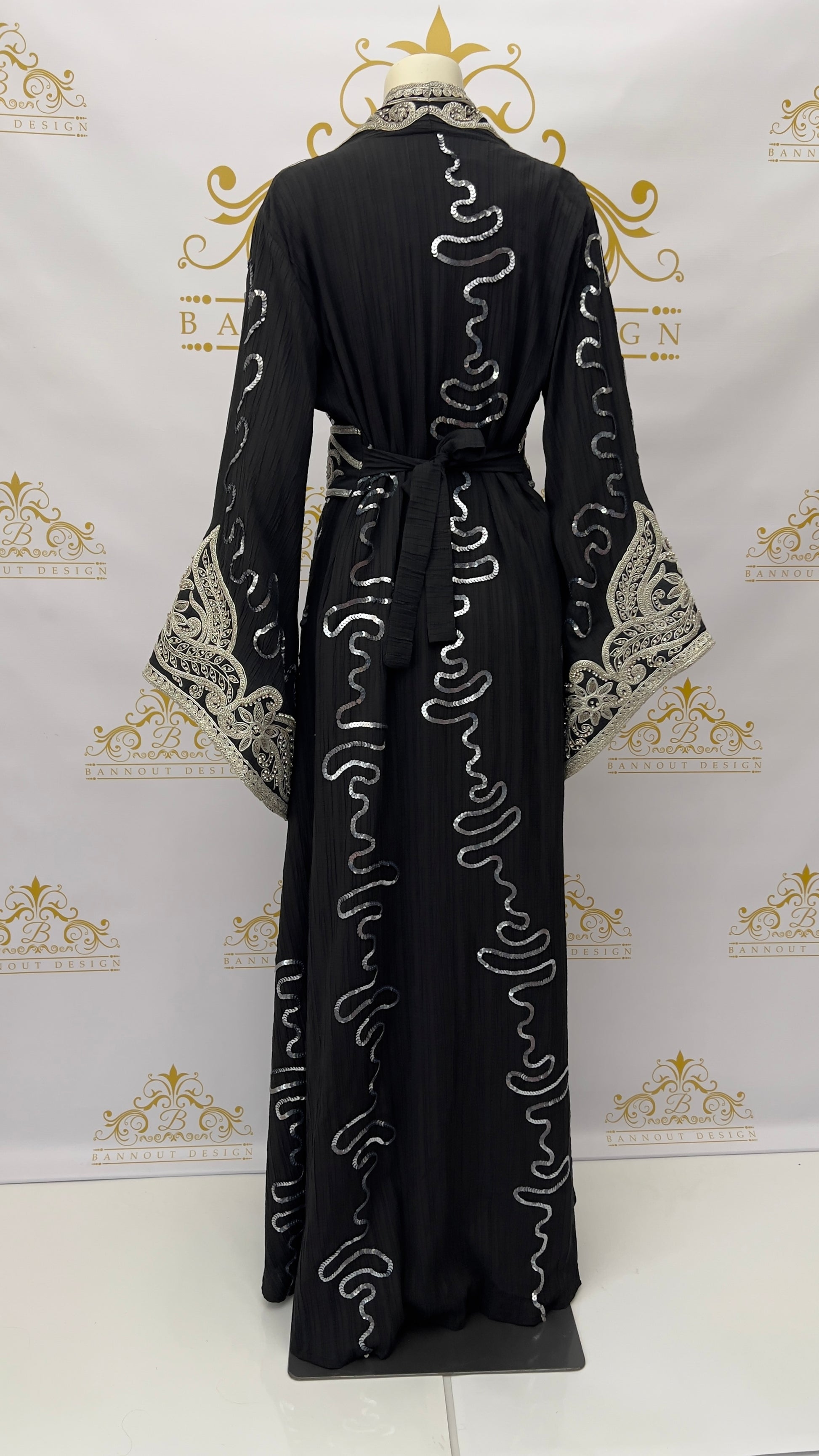 Kaftan Abaya | long Dress 3 Pcs. Embellished With Embroidery & Silver Rhinestone Black | Bannout Design