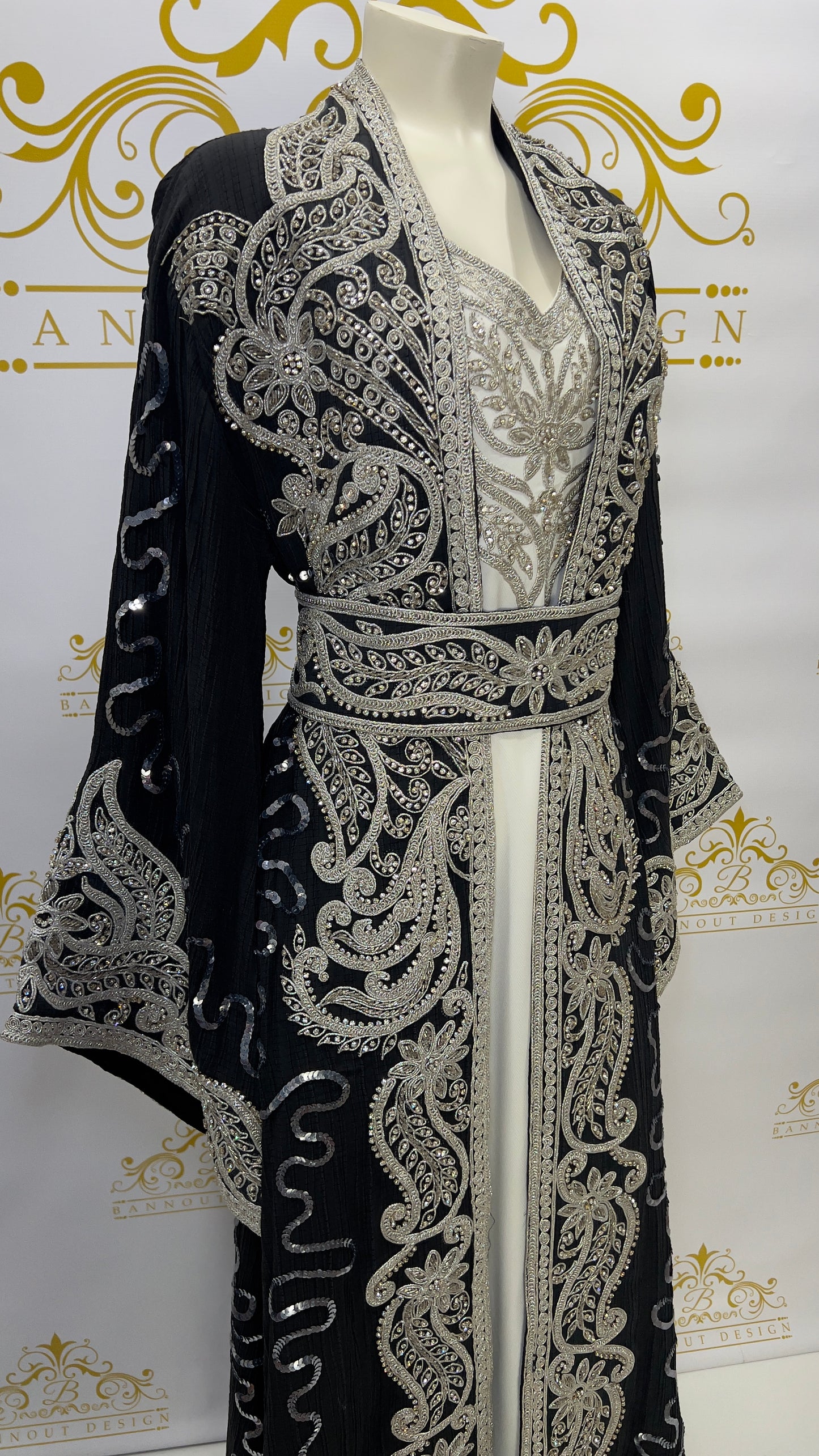 Kaftan Abaya | long Dress 3 Pcs. Embellished With Embroidery & Silver Rhinestone Black | Bannout Design