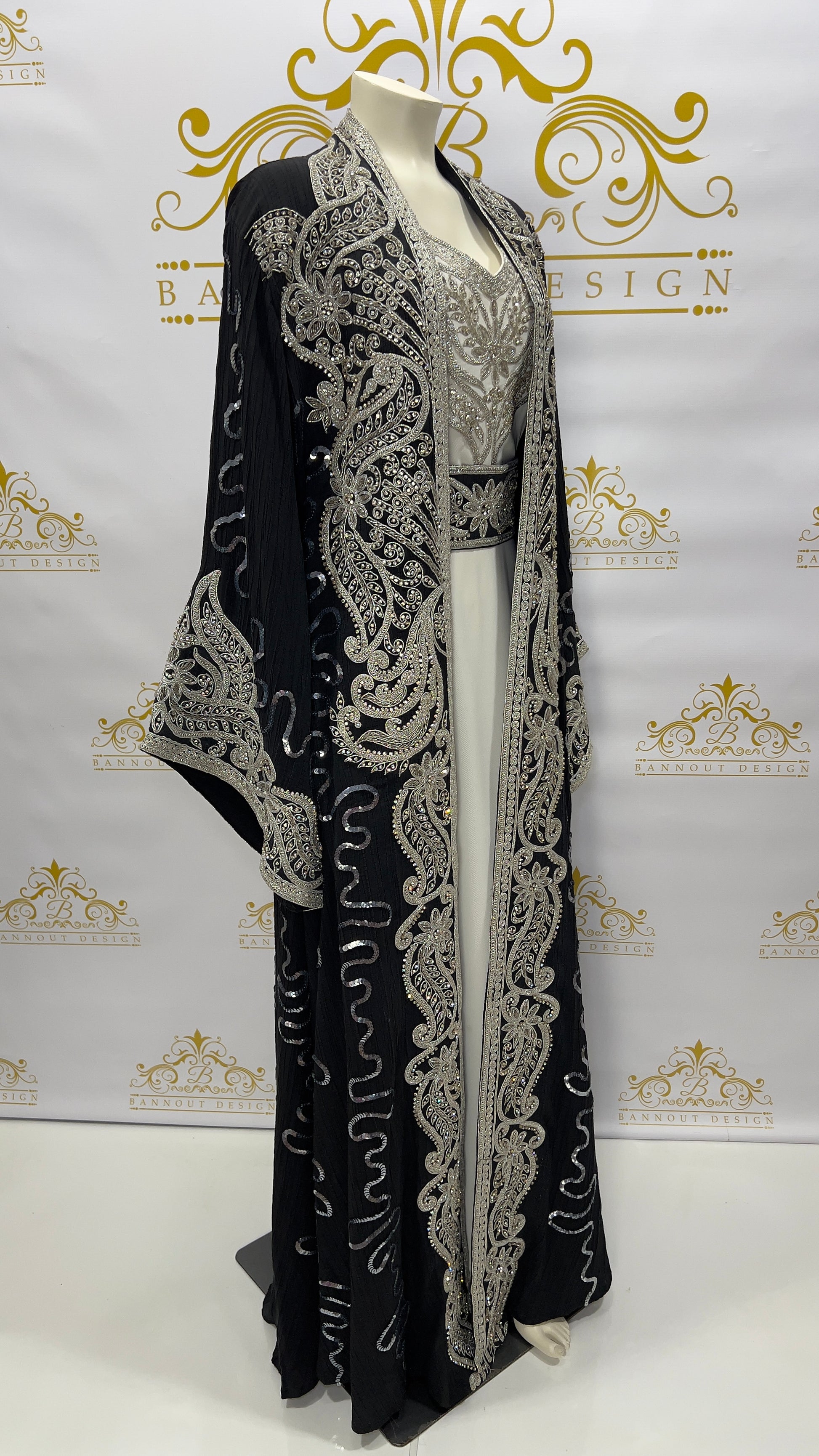 Kaftan Abaya | long Dress 3 Pcs. Embellished With Embroidery & Silver Rhinestone Black | Bannout Design