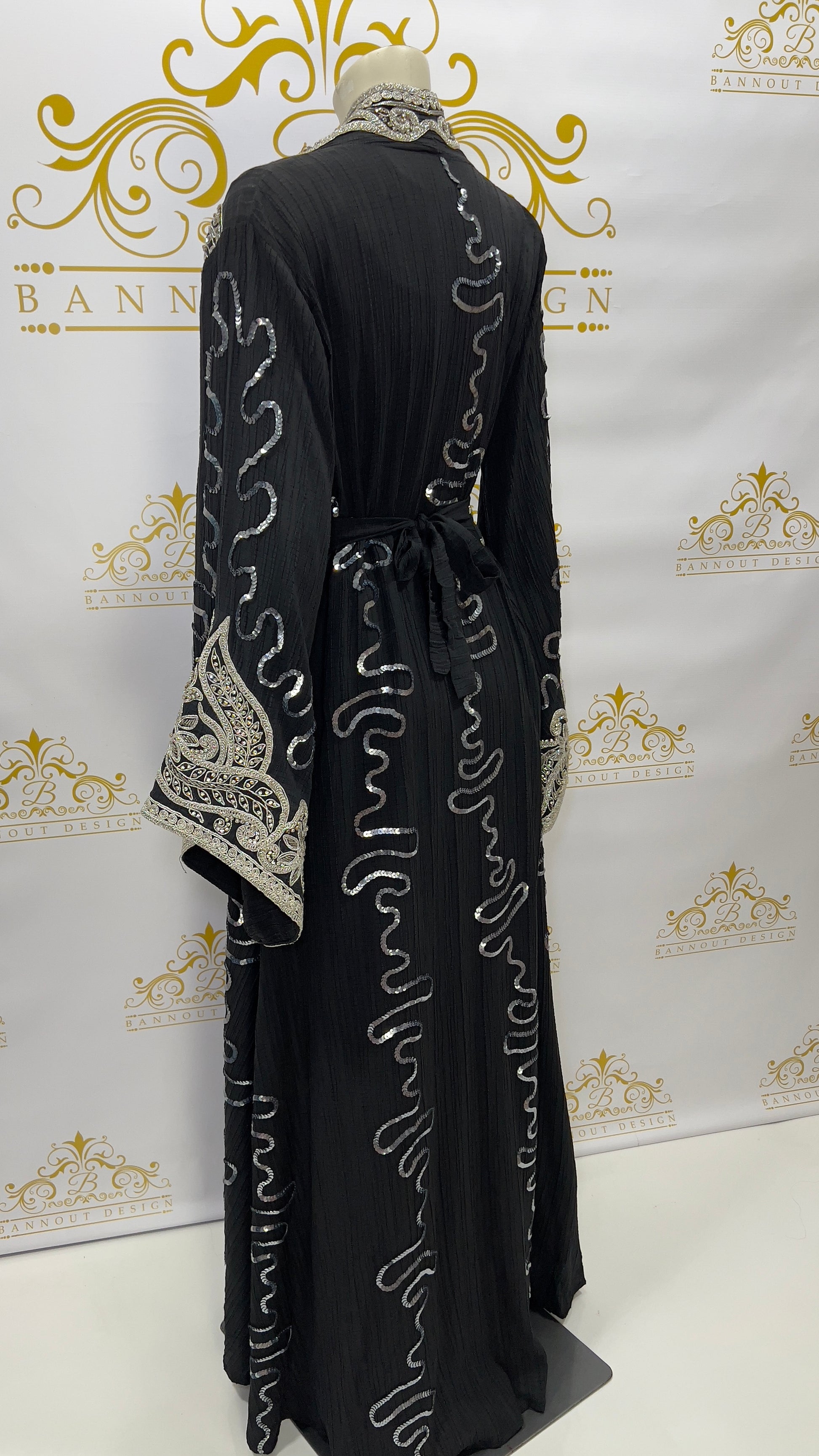 Kaftan Abaya | long Dress 3 Pcs. Embellished With Embroidery & Silver Rhinestone Black | Bannout Design