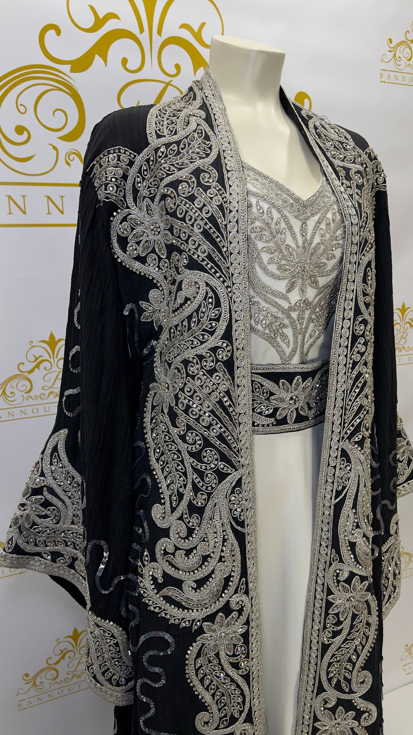 Kaftan Abaya | long Dress 3 Pcs. Embellished With Embroidery & Silver Rhinestone Sequins Black | Bannout Design