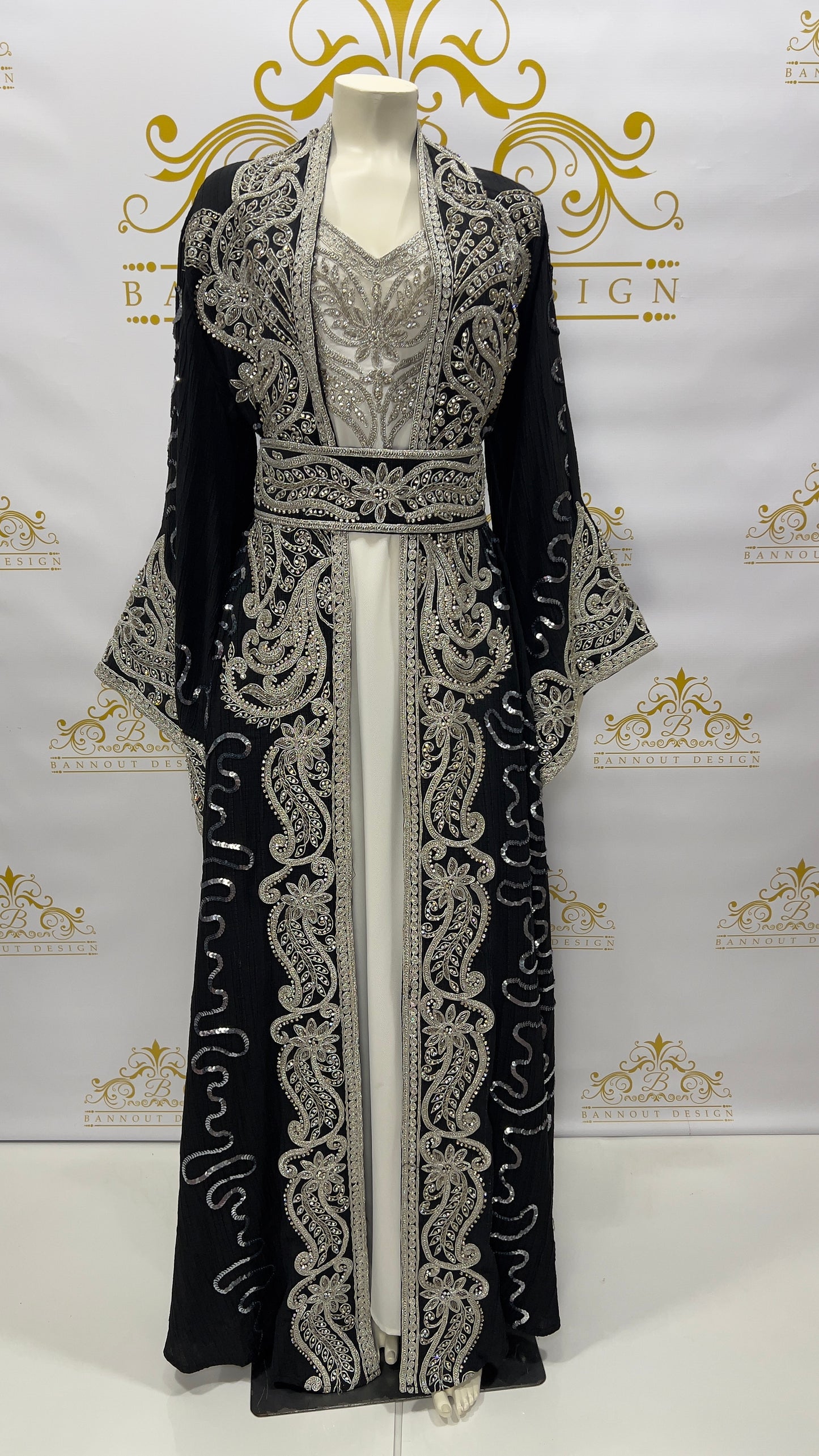 Kaftan Abaya | long Dress 3 Pcs. Embellished With Embroidery & Silver Rhinestone Sequins Black | Bannout Design