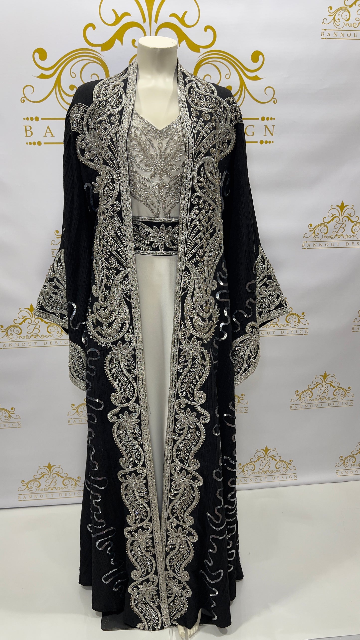 Kaftan Abaya | long Dress 3 Pcs. Embellished With Embroidery & Silver Rhinestone Sequins Black | Bannout Design