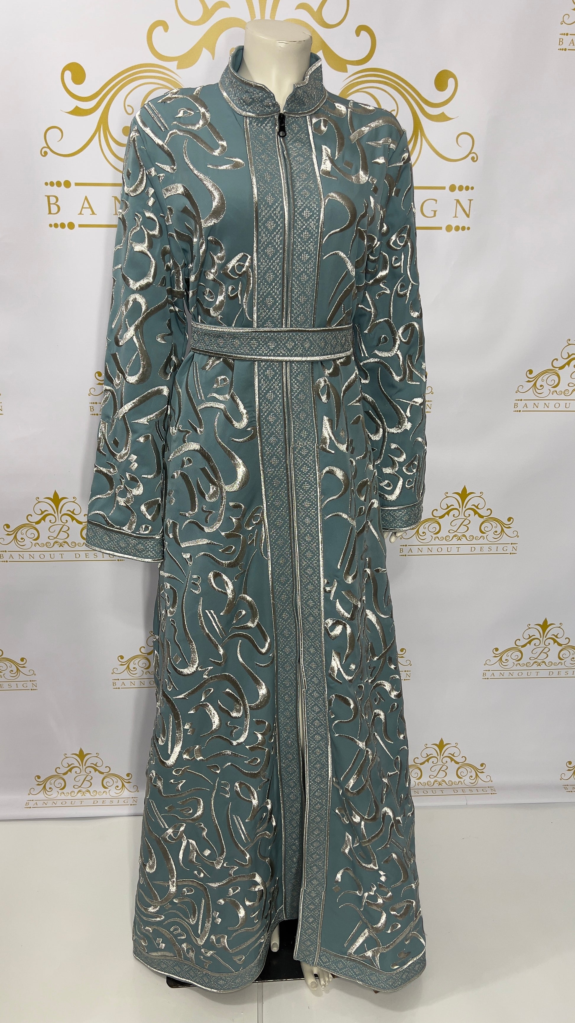 Arabic Calligraphy Horoof Embroidery Zipper Abaya Dress | Light Blue & Silver