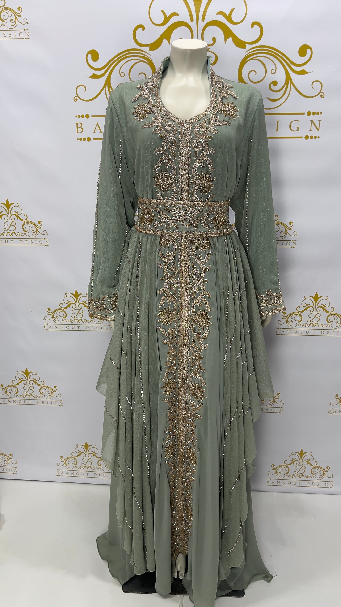 Layer Kaftan Dress Fancy Light Green Maxi Long Sleeve