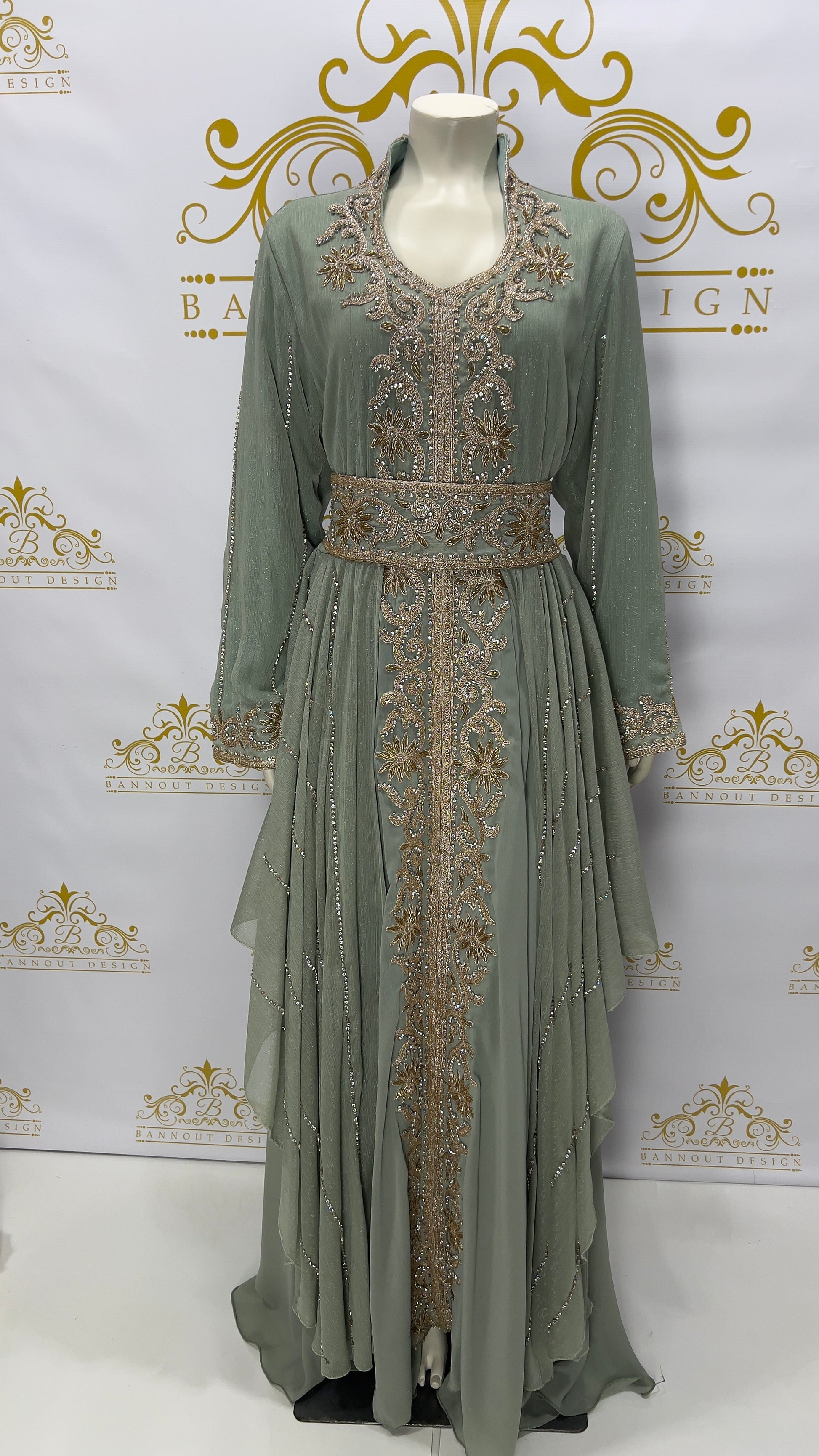 Layer Kaftan Dress Fancy Light Green Maxi Long Sleeve