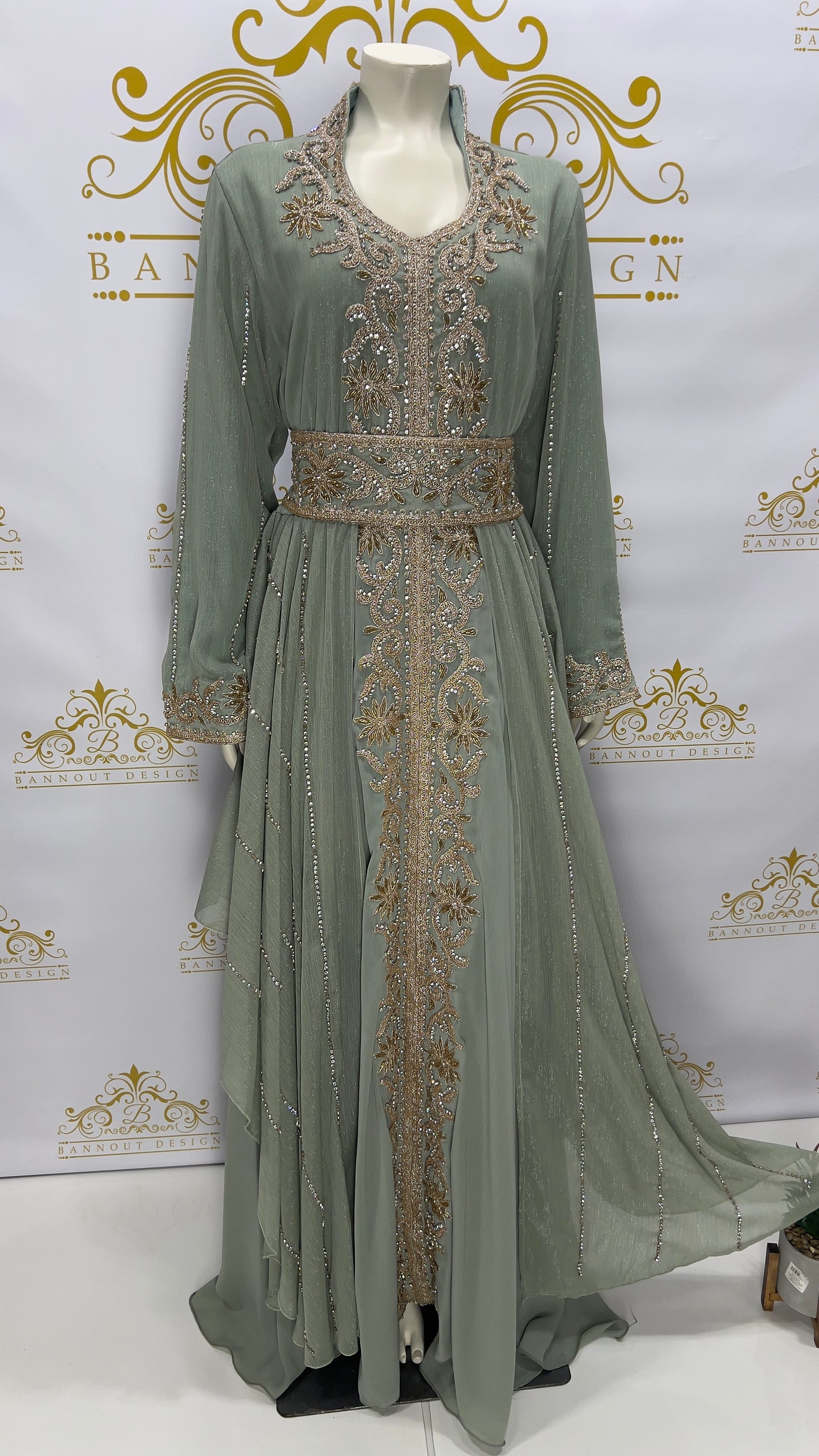 Layer Kaftan Dress Fancy Light Green Maxi Long Sleeve