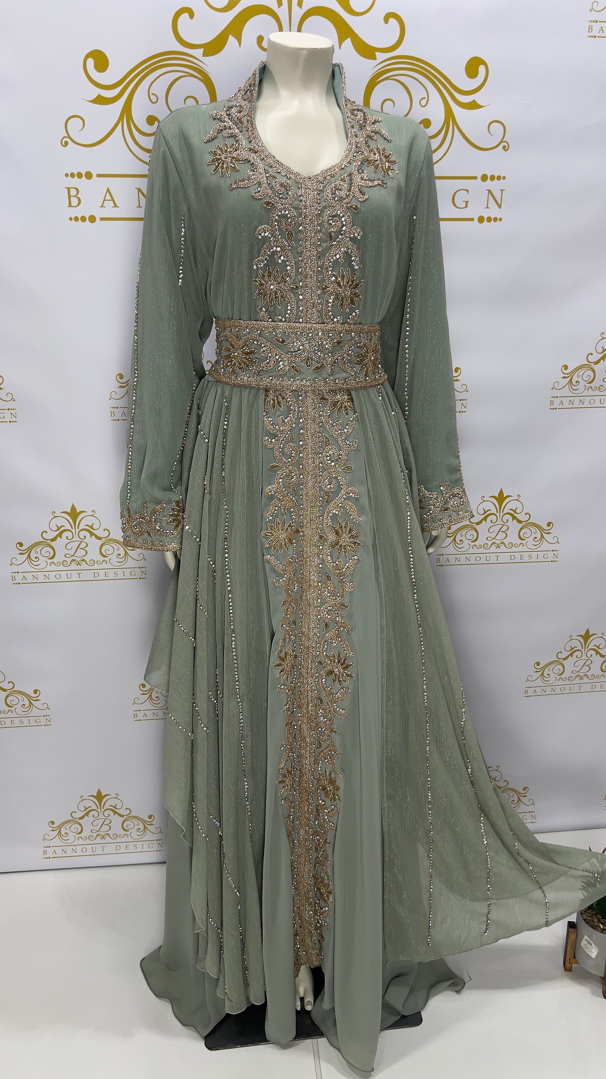 Layer Kaftan Dress Fancy Light Green Maxi Long Sleeve