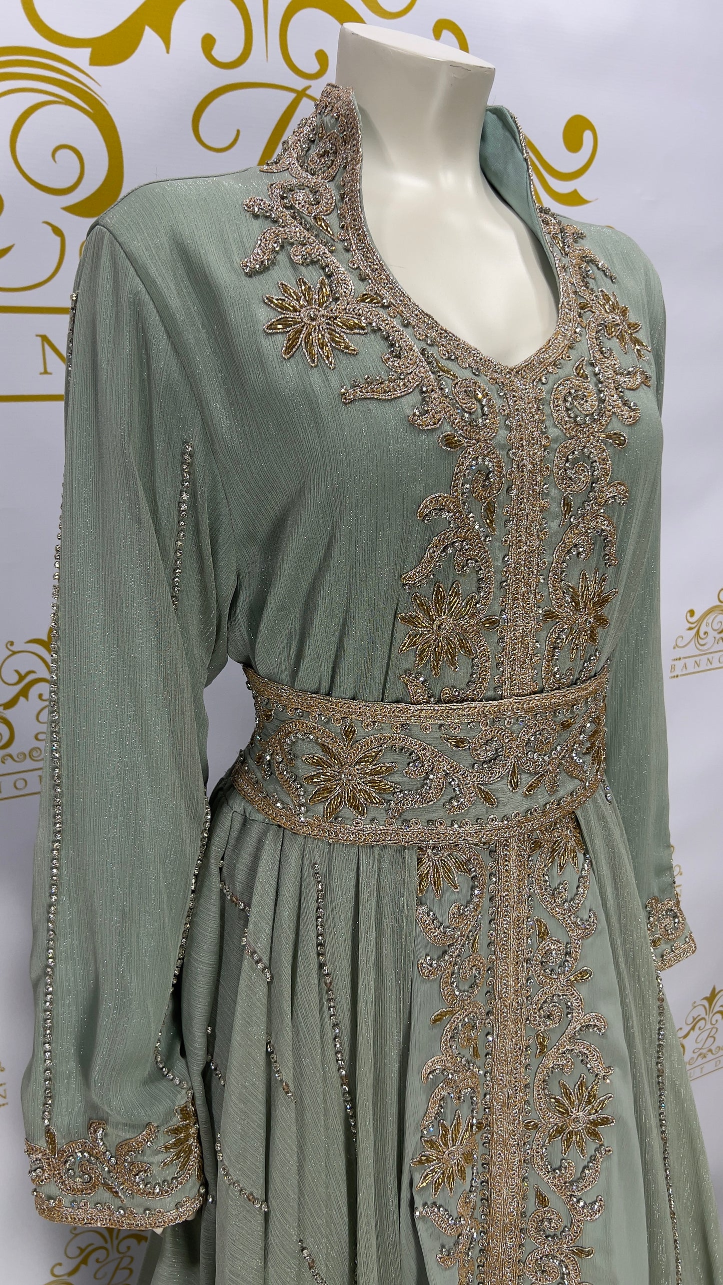 Layer Kaftan Dress Fancy Light Green Maxi Long Sleeve