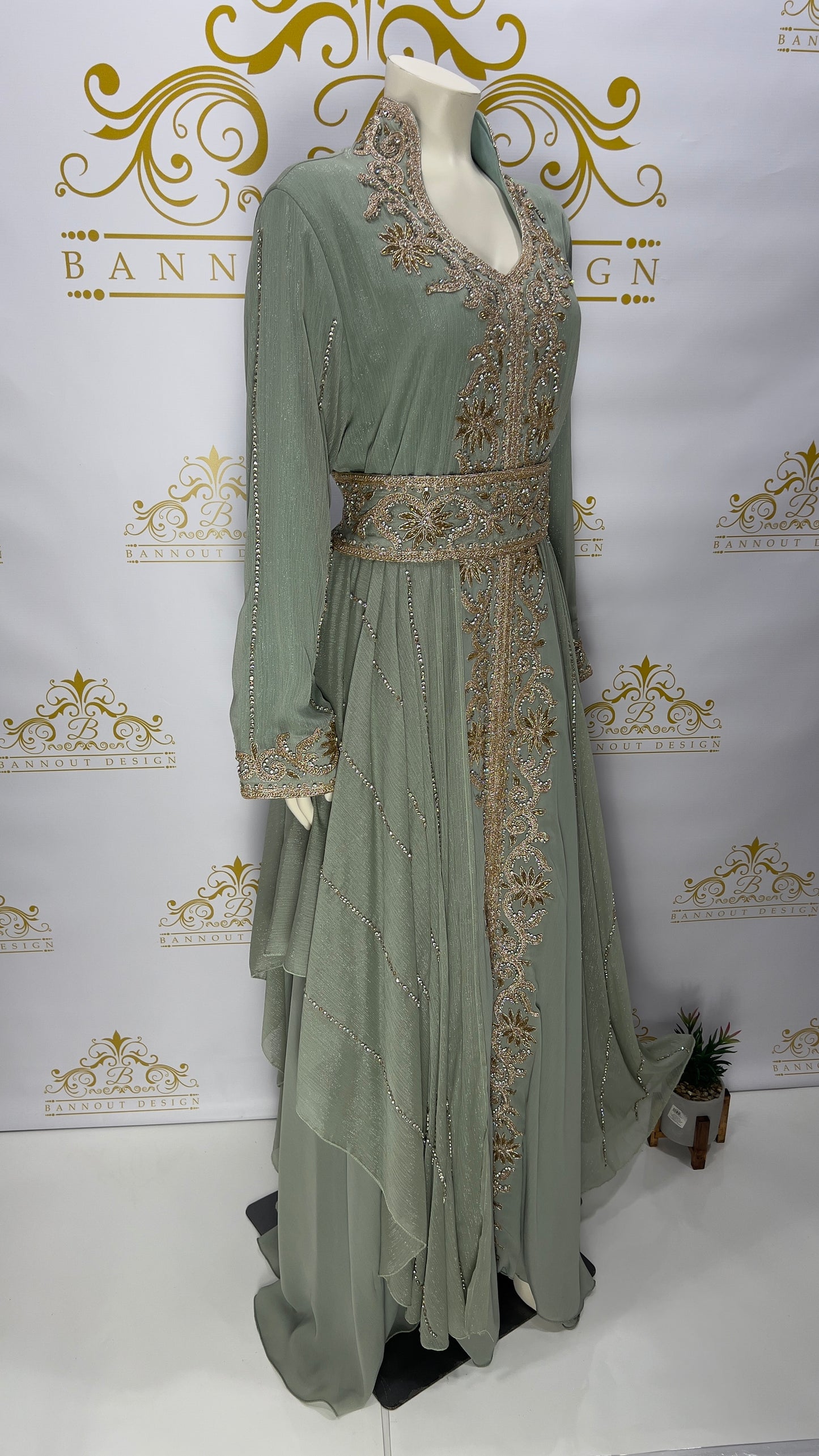 Layer Kaftan Dress Fancy Light Green Maxi Long Sleeve