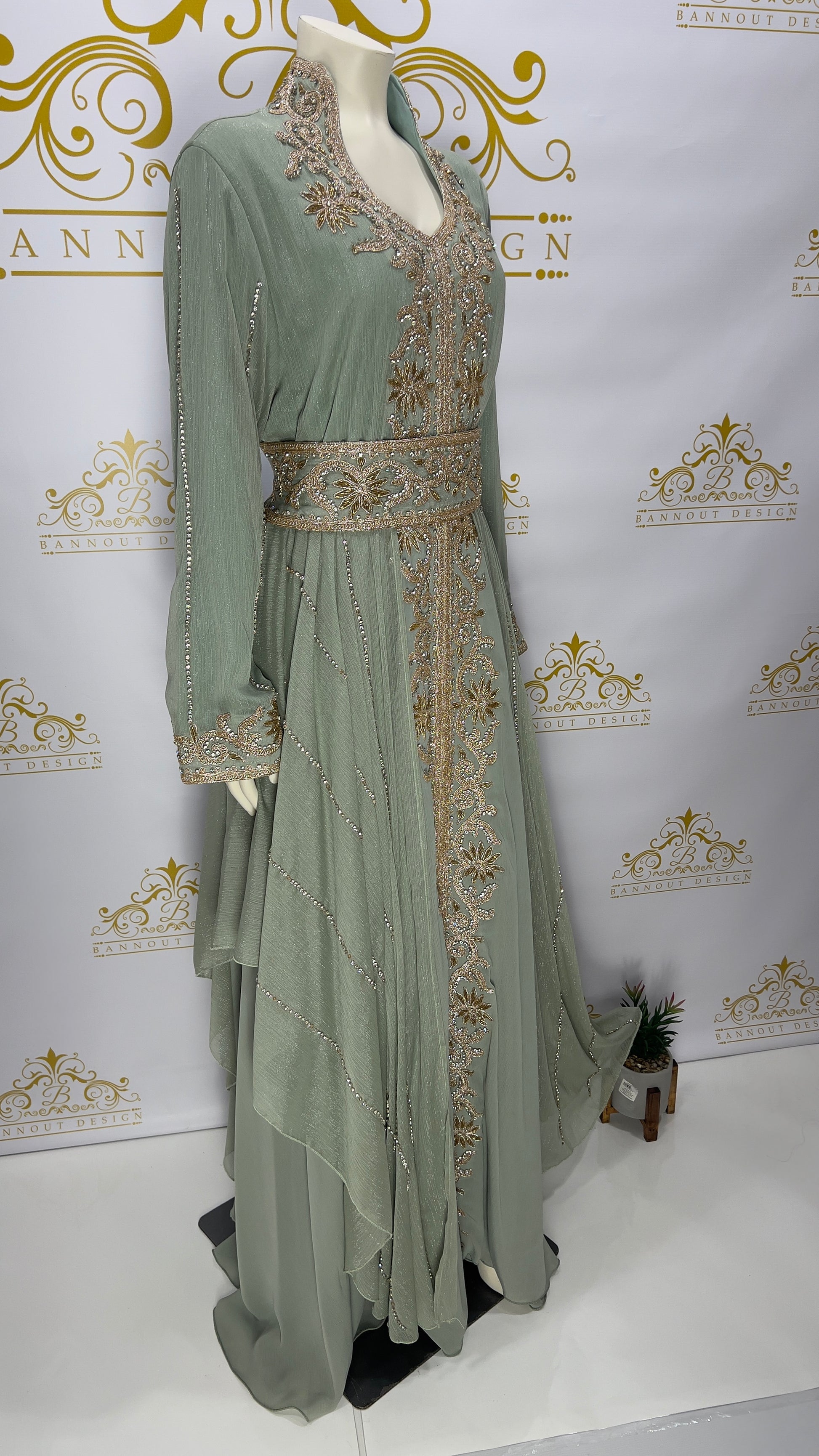 Layer Kaftan Dress Fancy Light Green Maxi Long Sleeve