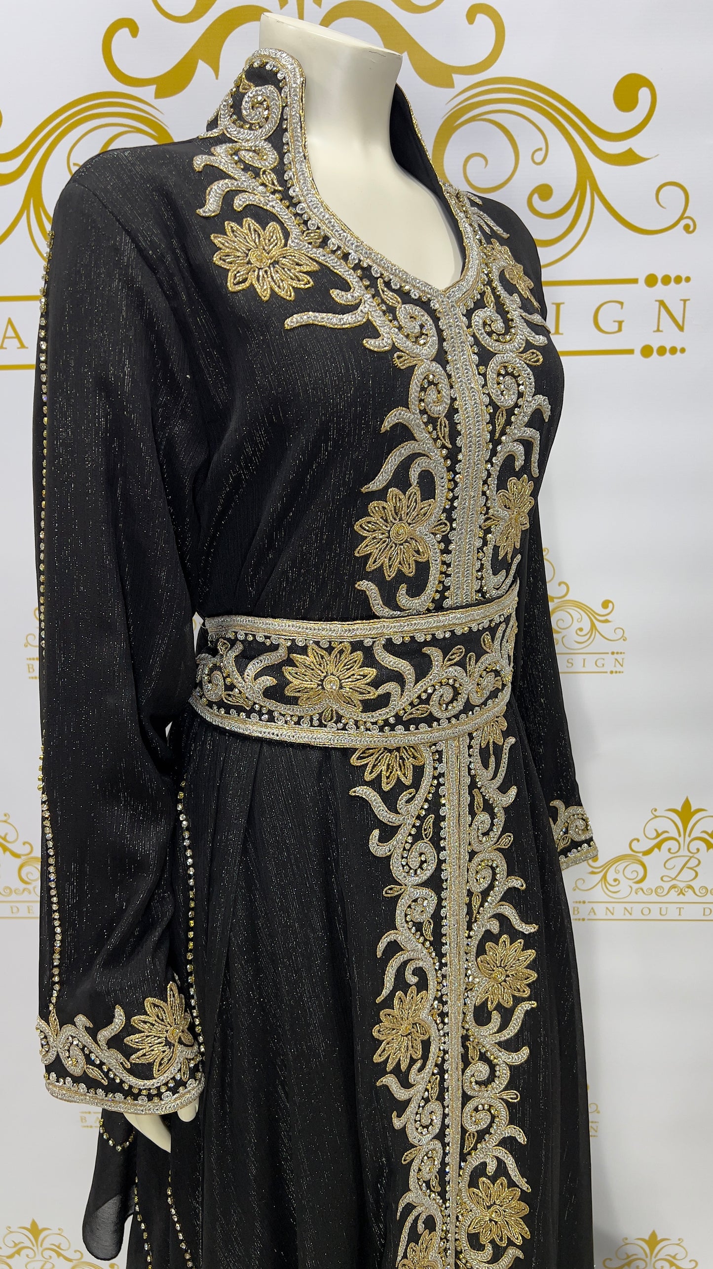 Layer Kaftan Dress Fancy Light White Maxi Long Sleeve Black
