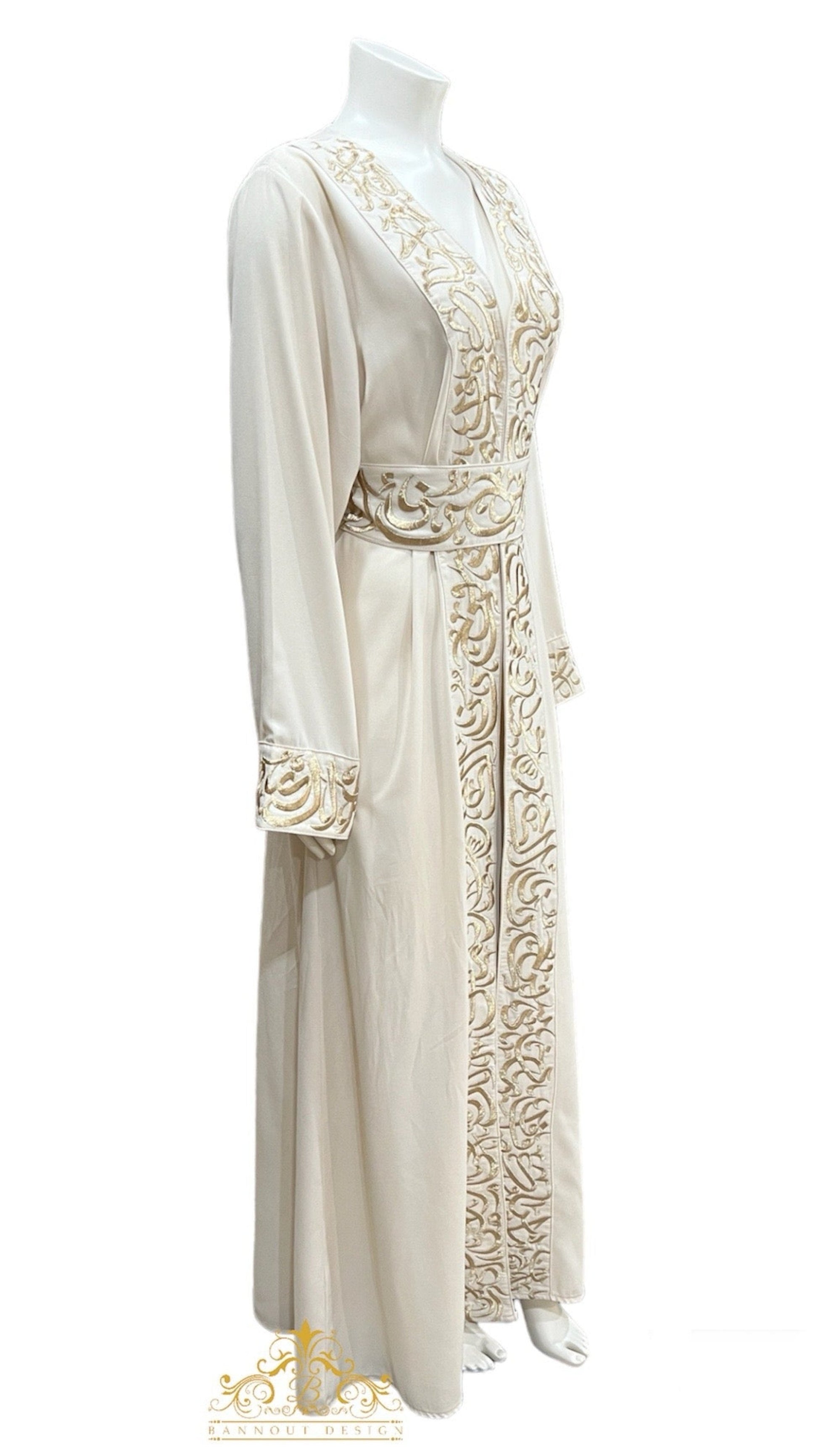 Embroidery Open Abaya Arabic Letters - Off White & Gold _ Bisht _ Henna_Eid_Party_Occasional_Dubai_Abaya