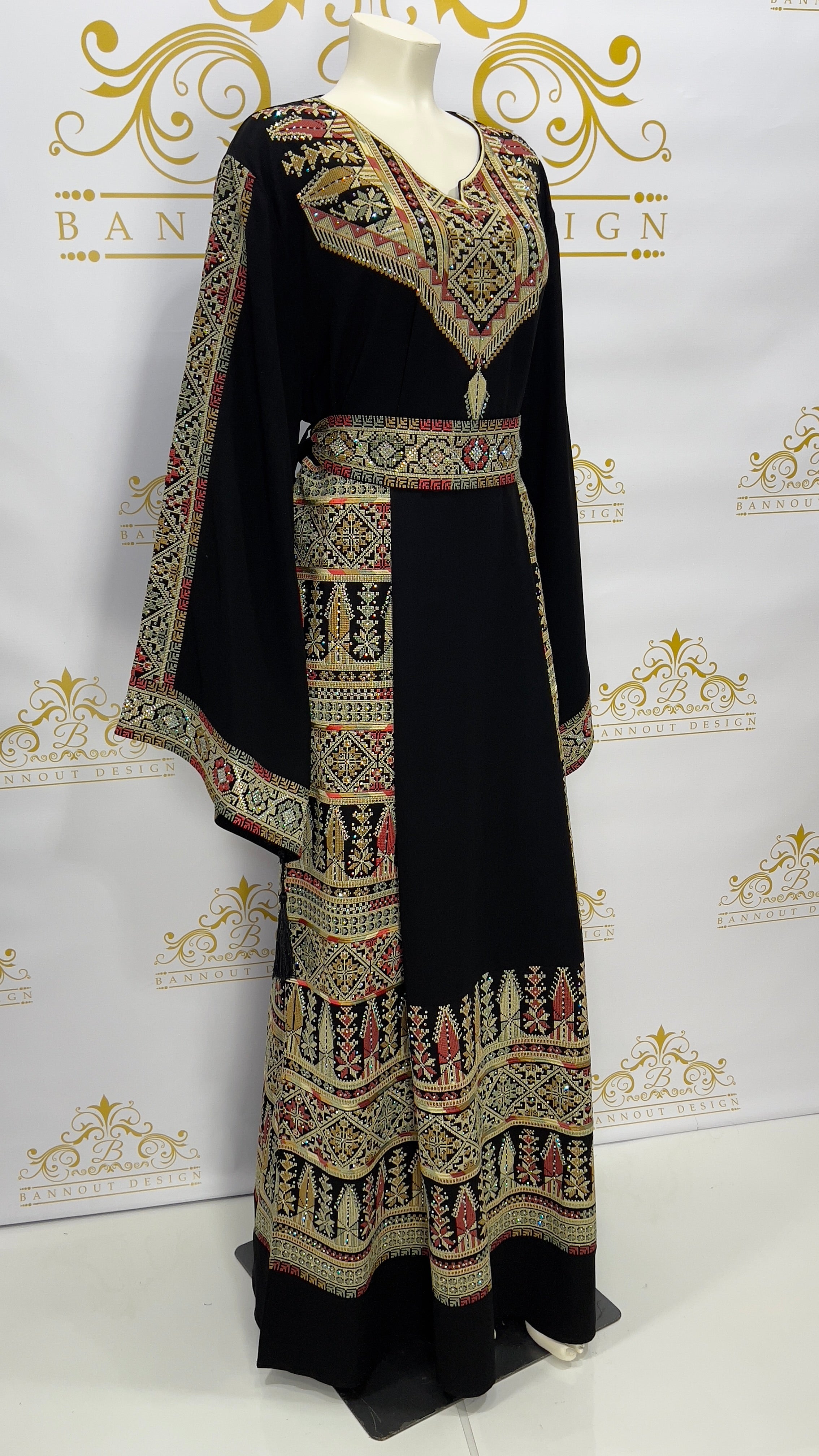 Palestinian Embroidery Thobe Drees Maxi Long Sleeve Black Beige Embellished Rhinestone