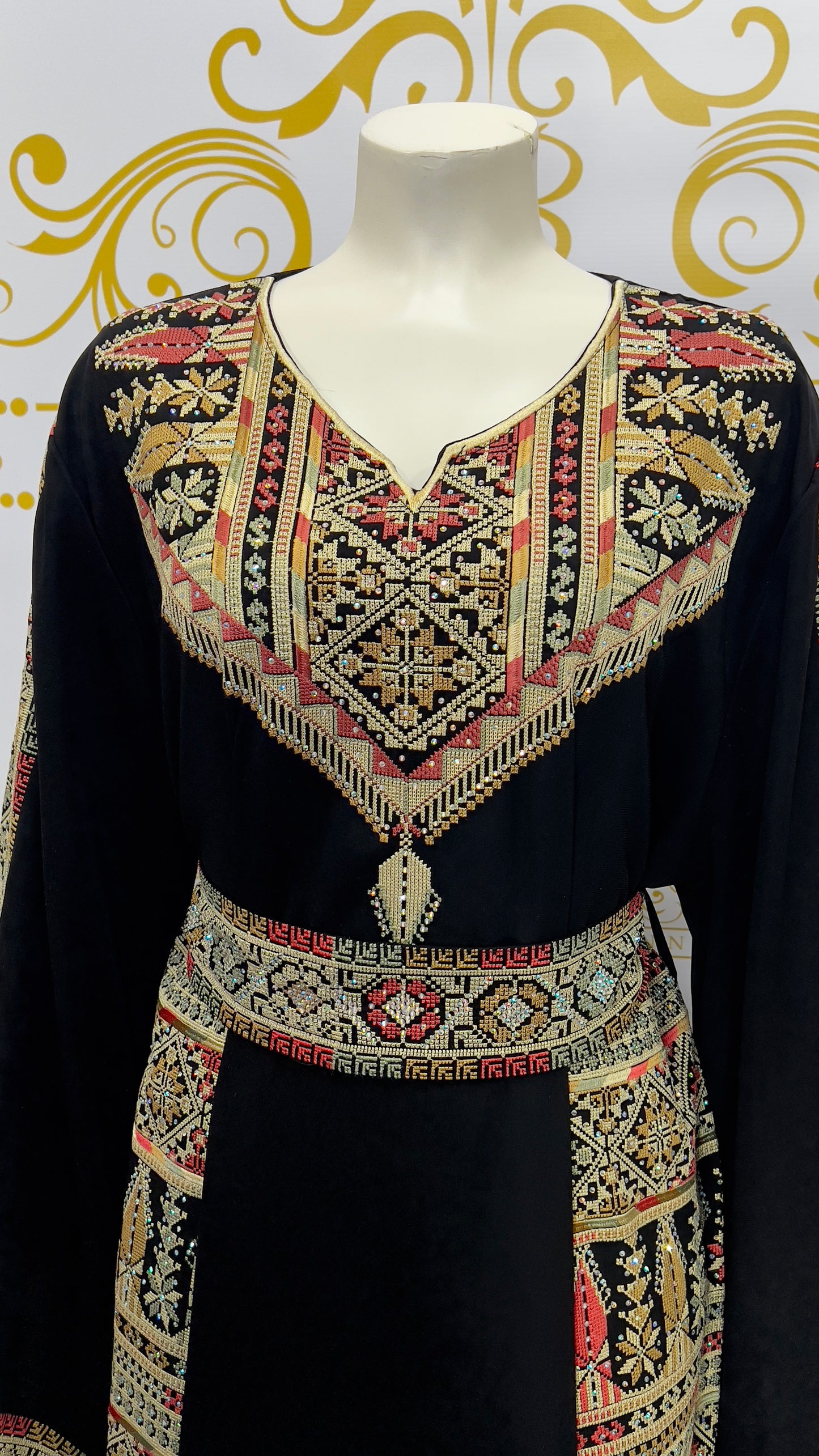 Palestinian Embroidery Thobe Dress Maxi Long Sleeve Black Beige Henna Party Tatreez 